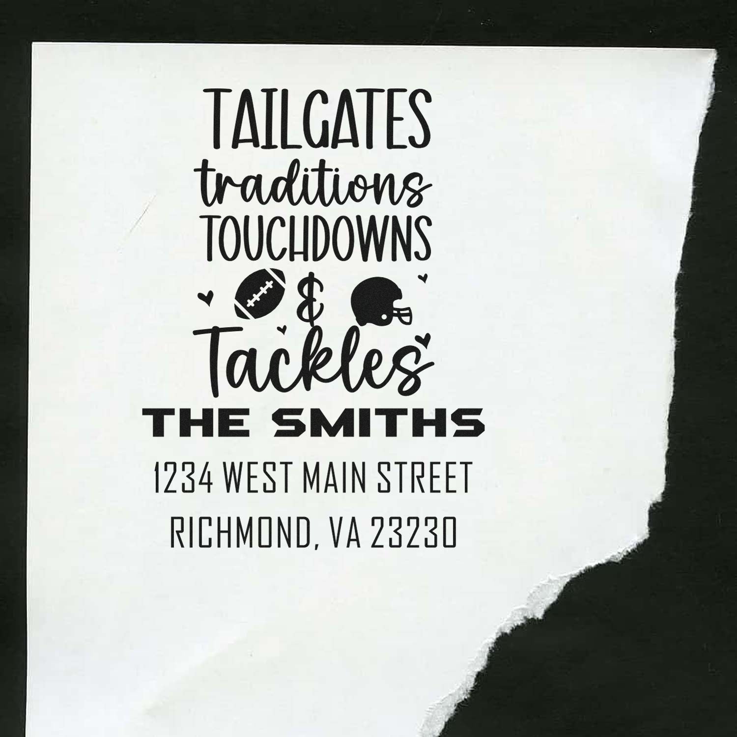 Football tailgate return address rubber stamp for The Smiths, with custom name, address, and sports-themed icons.