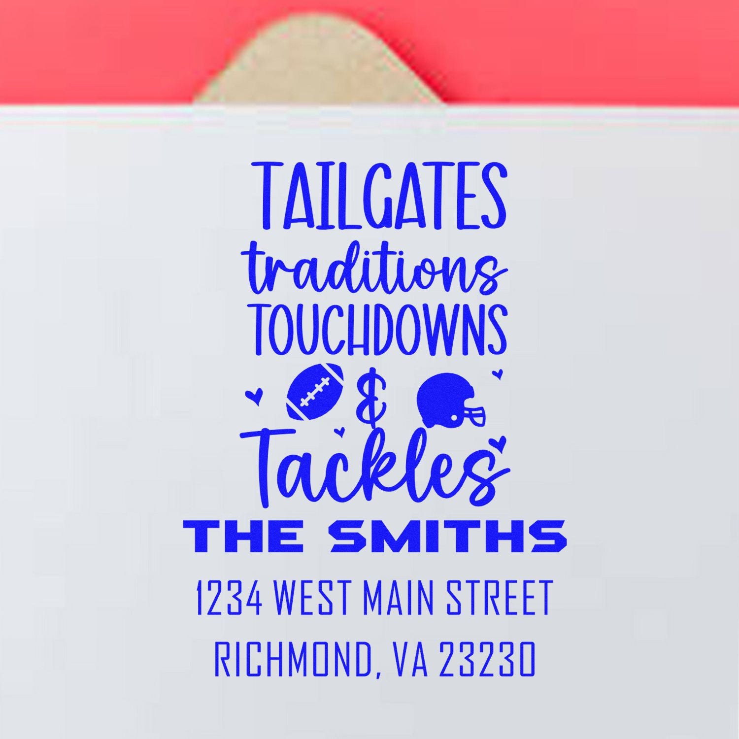 Custom football tailgate return address rubber stamp for The Smiths, 1234 West Main Street, Richmond, VA 23230, with touchdowns and tackles.
