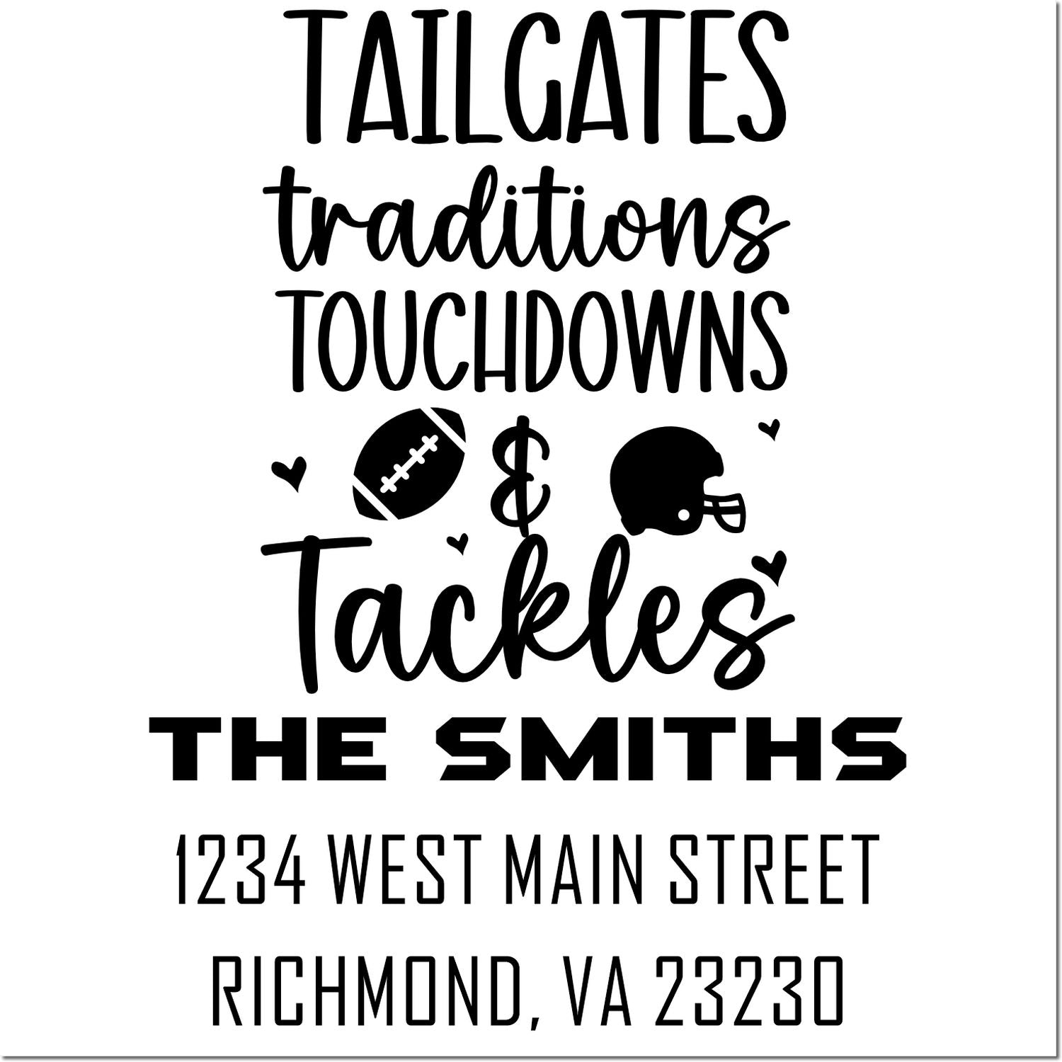 Custom football return address rubber stamp for The Smiths, featuring tailgates, touchdowns, and Richmond, VA 23230.