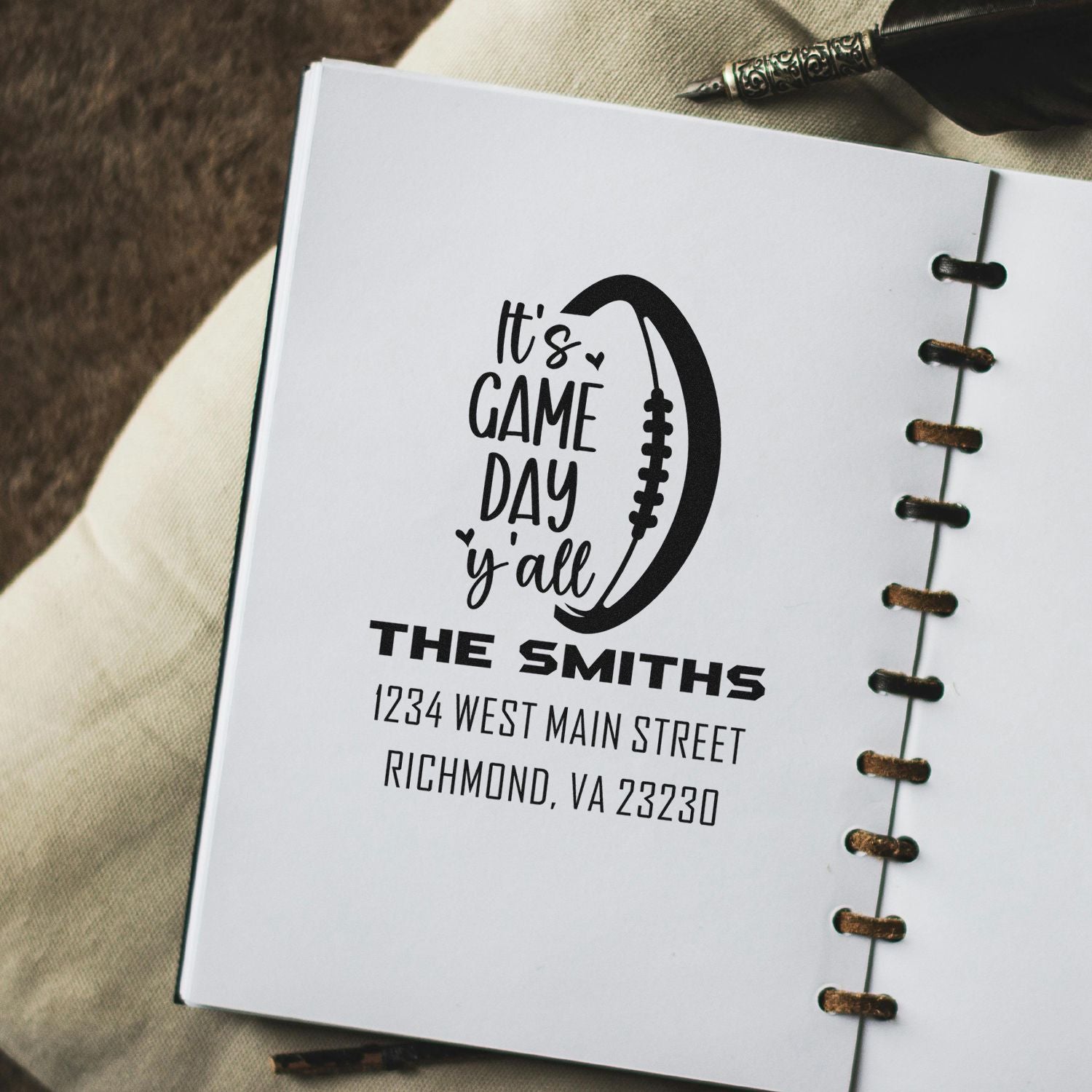 Custom rubber stamp with football design, Its game day yall, and The Smiths return address for personalized mailings.