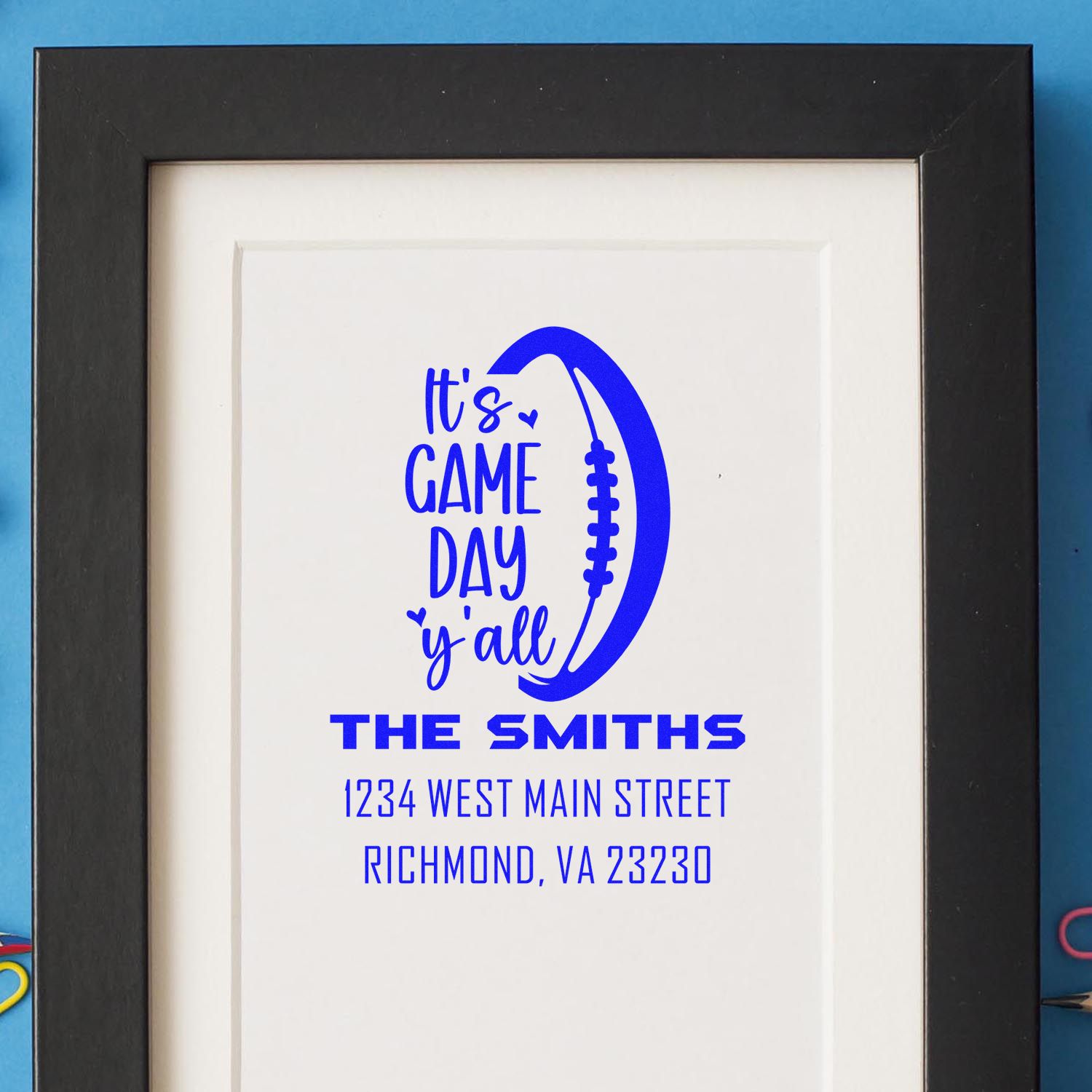 Custom rubber stamp design with football graphic and Its game day yall return address for The Smiths, Richmond, VA.