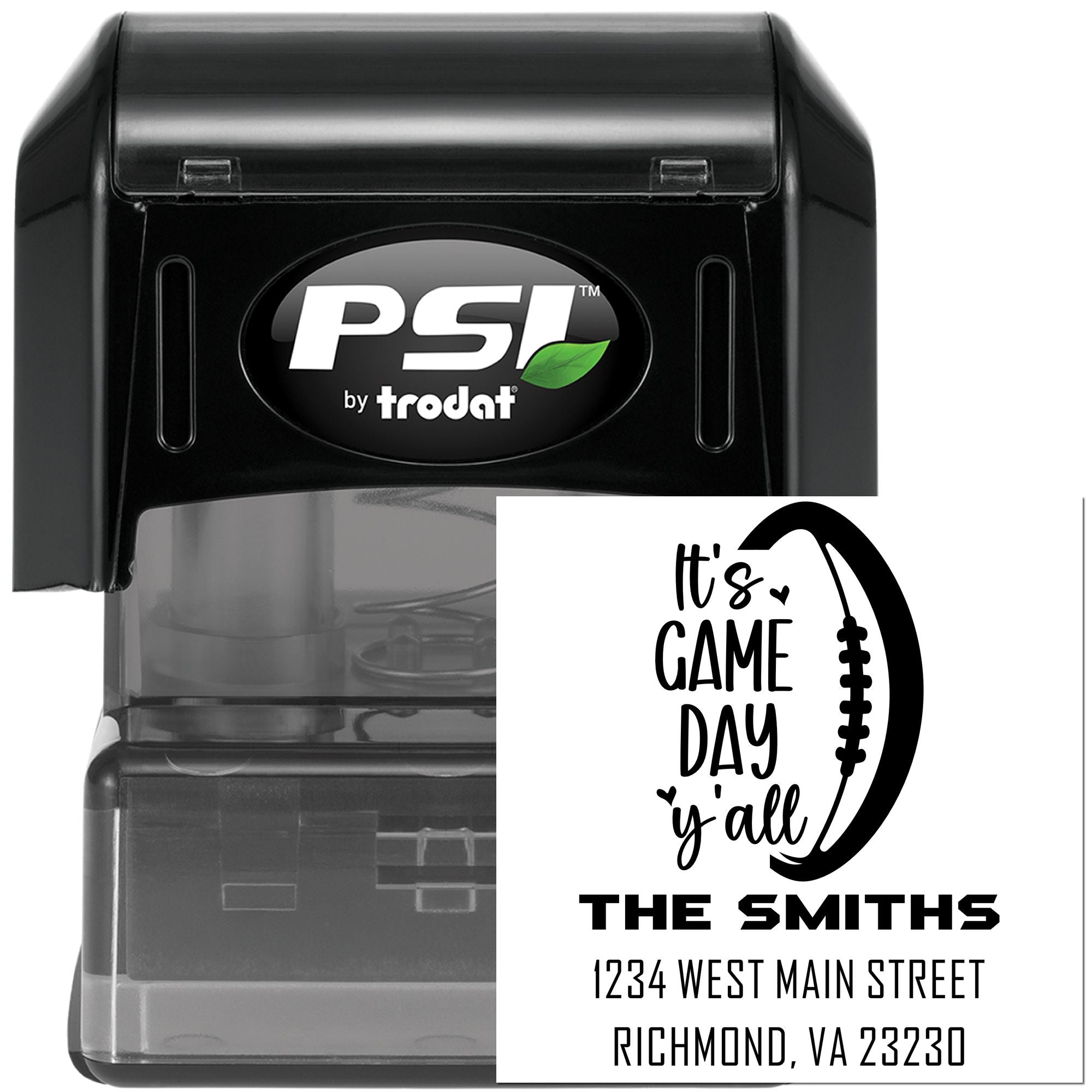 PSI by Trodat self-inking rubber stamp showing custom football Game Day address design for personalized event invitations.