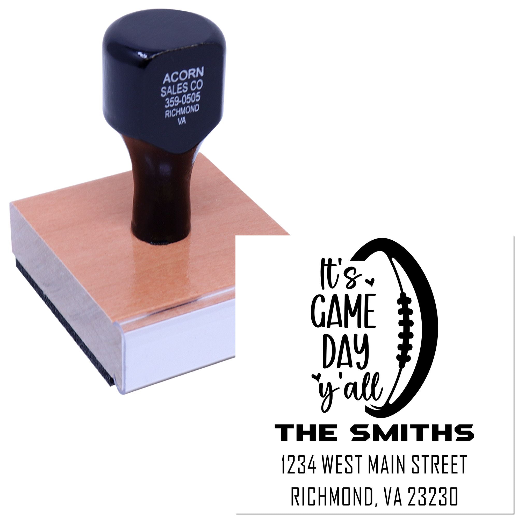 Custom football game day rubber stamp with family name and address for personalized invitations, mailers, and sports fans.