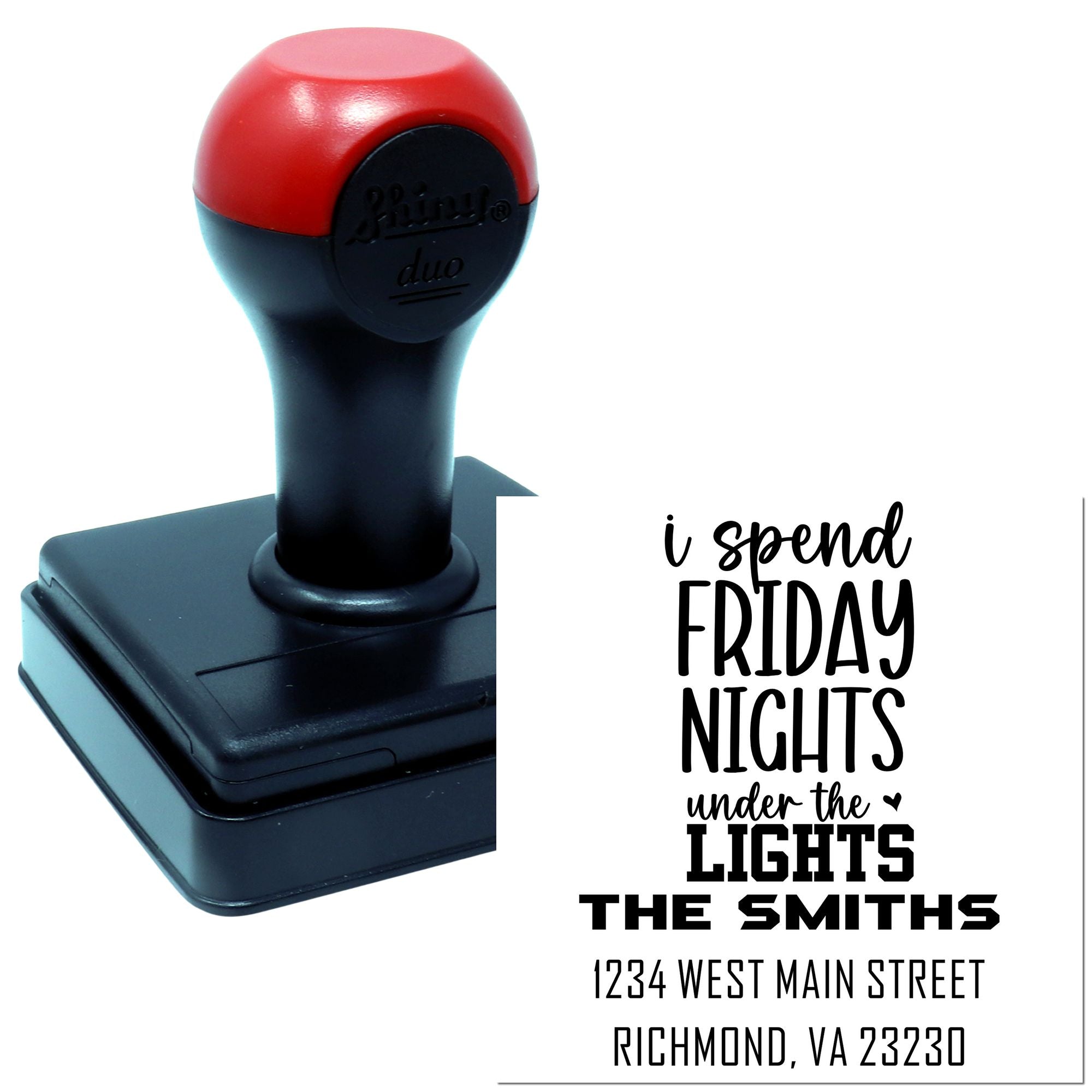 Custom self-inking rubber stamp with Friday nights under the lights quote and Smith family return address design.