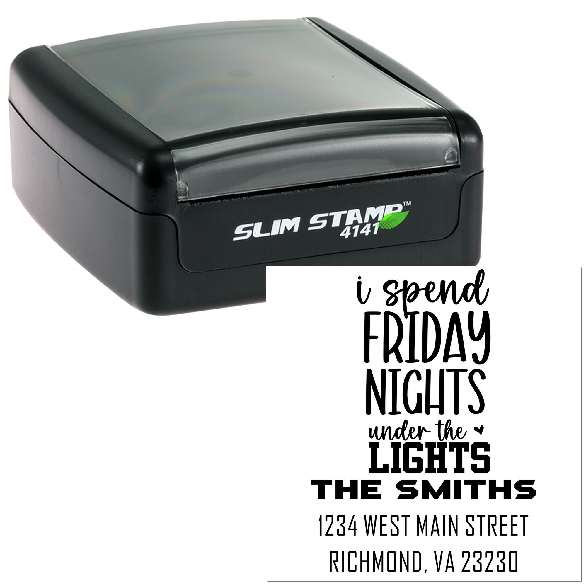 Slim Stamp 4141 self-inking rubber stamp with custom address and quote imprint for personalized mailing.