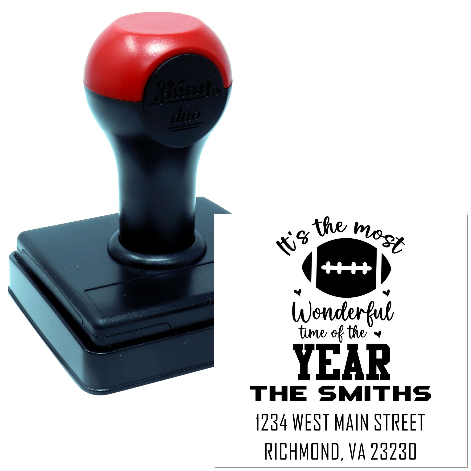 Custom football self-inking rubber stamp with personalized return address design for holiday cards and fan mail