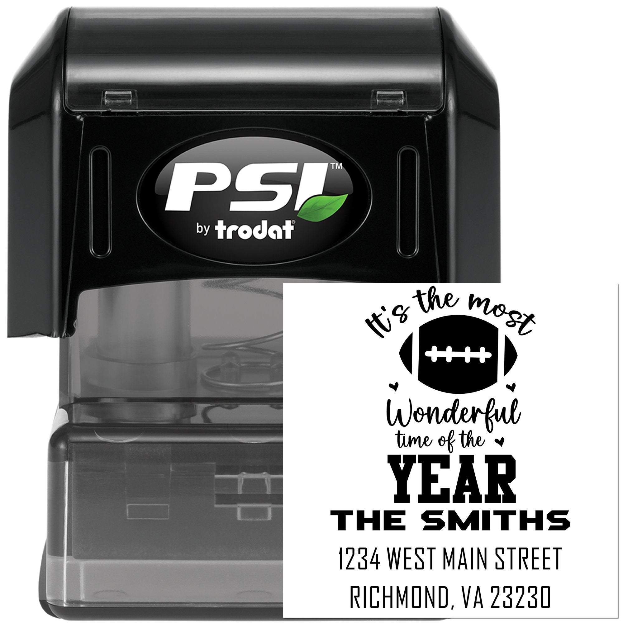 Custom football holiday address rubber stamp with family name, year, and Richmond, VA return address on self-inking PSI Trodat stamp.