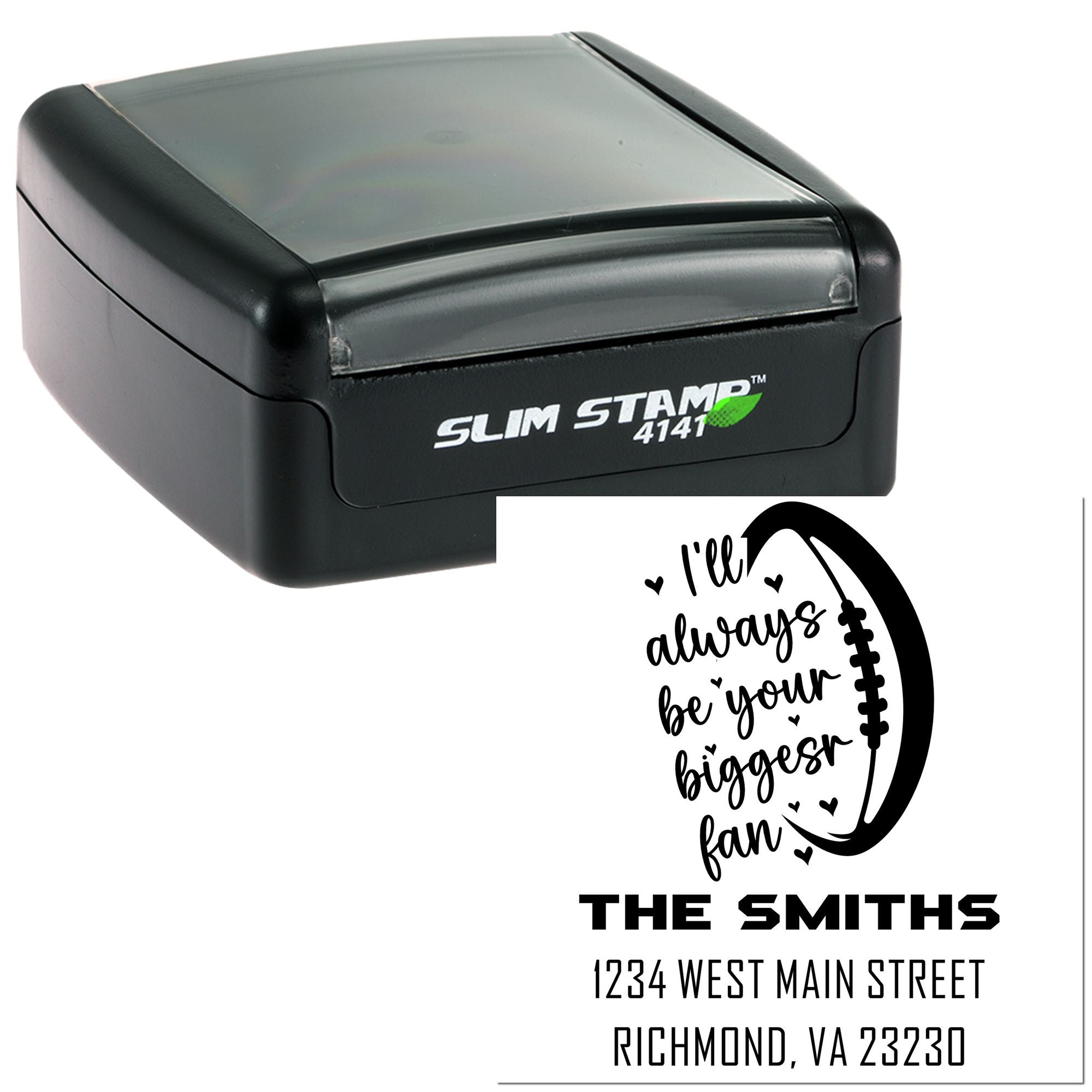 Self-inking personalized rubber address stamp with family quote and return address imprint for The Smiths.