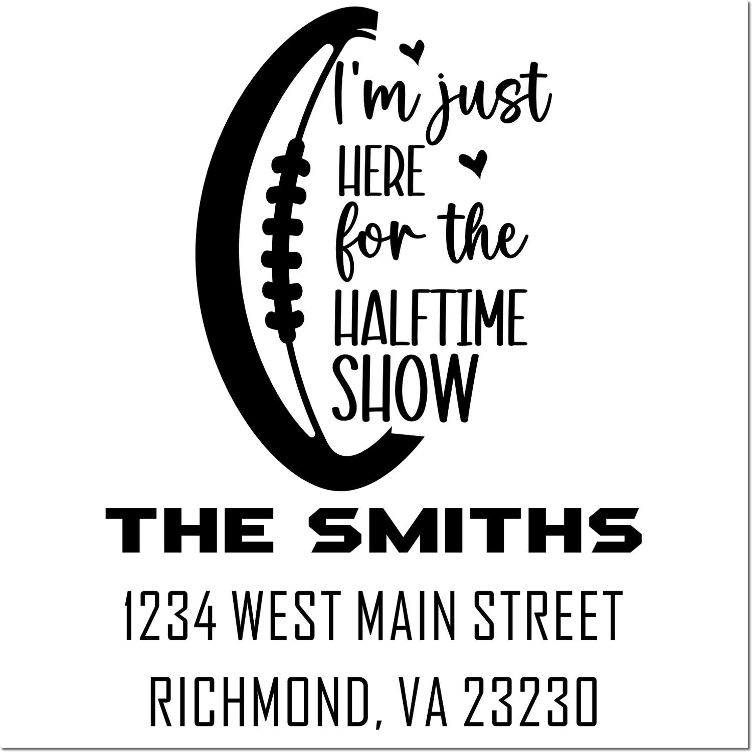 Custom football halftime show return address stamp for The Smiths, 1234 West Main Street, Richmond, VA 23230.
