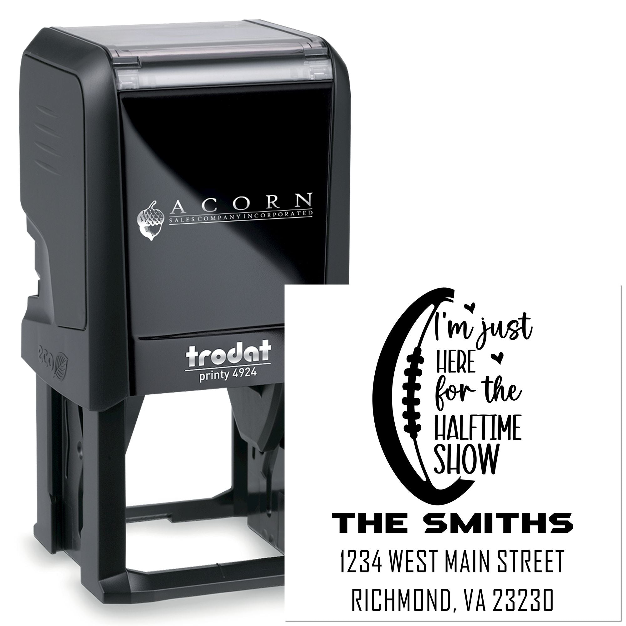 Custom personalized self-inking rubber stamp for football halftime show invitations, with The Smiths return address.