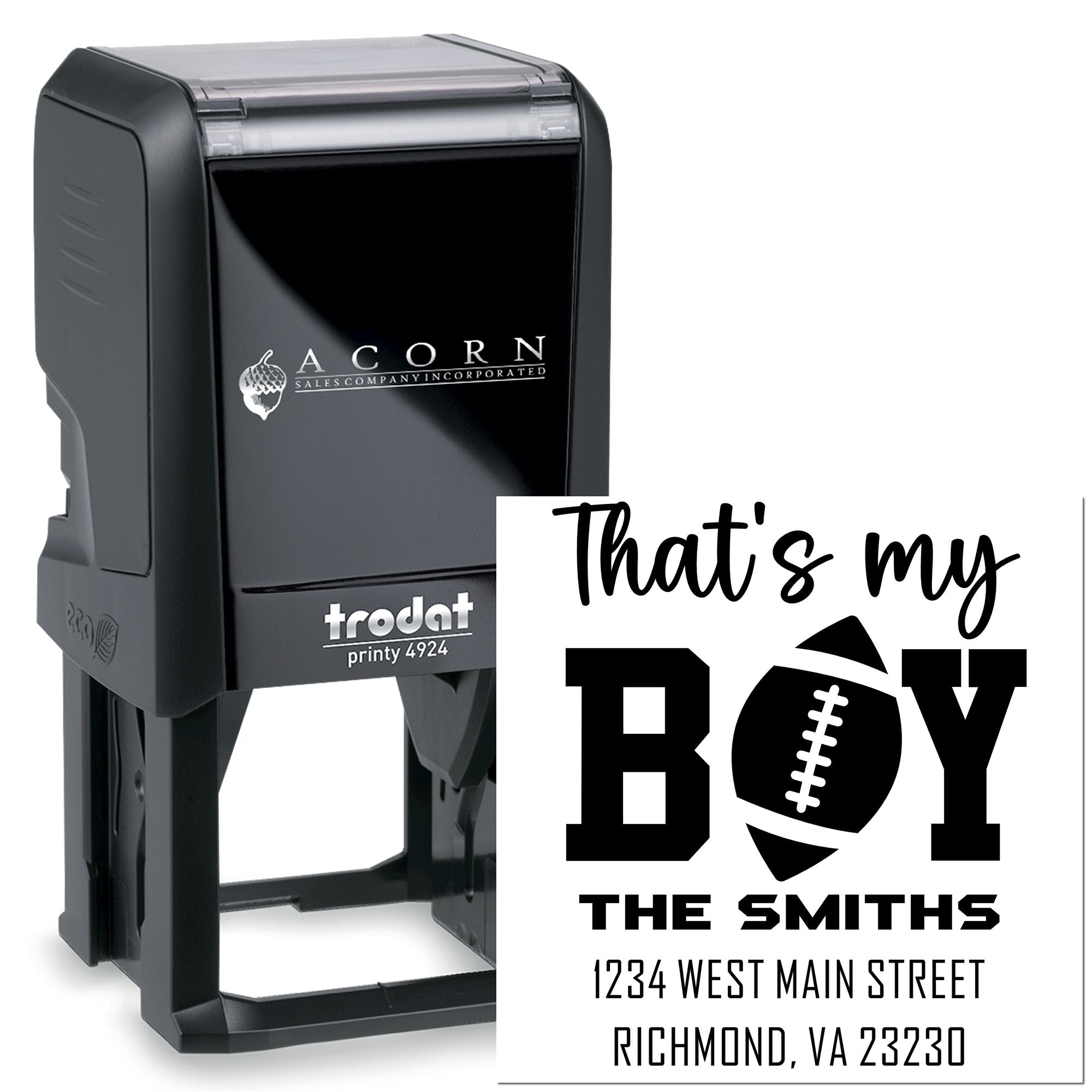 Custom self-inking rubber stamp with football boy return address design for personalized family mailings