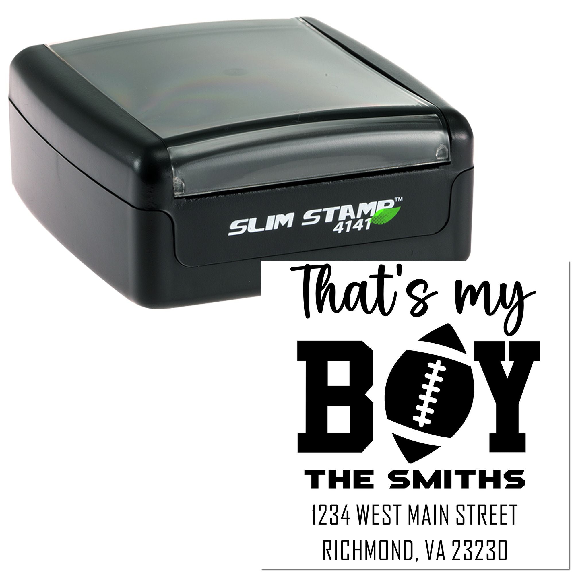 Personalized self-inking rubber stamp for boys football announcements, featuring That's my Boy and The Smiths address.