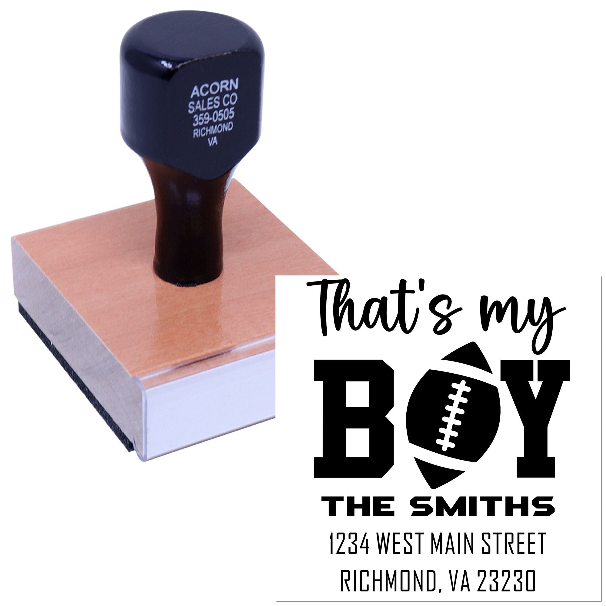 Custom rubber stamp with football boy design, Thats my Boy, and family address for personalized keepsake or business use.