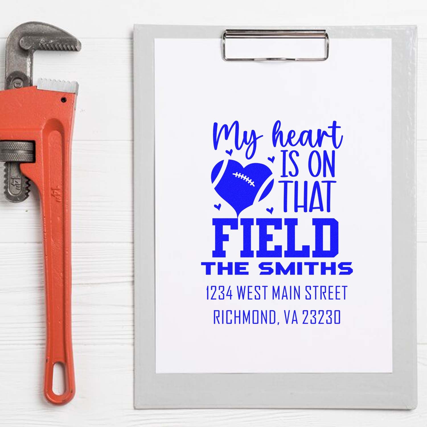 Custom football family return address rubber stamp with heart design, The Smiths name, and Richmond, VA address.