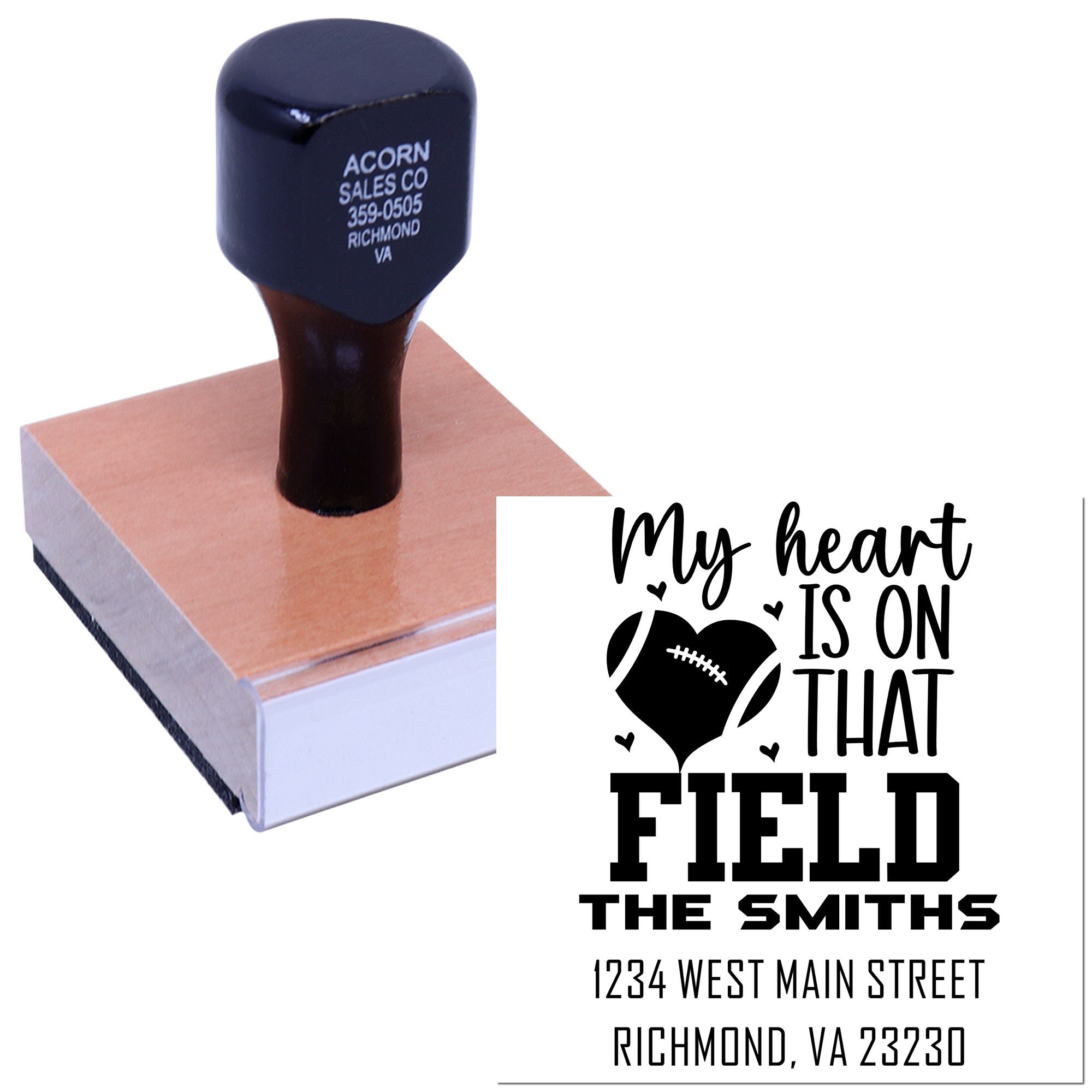 Custom self-inking football family rubber stamp with personalized address for The Smiths, perfect for sports-themed mail.