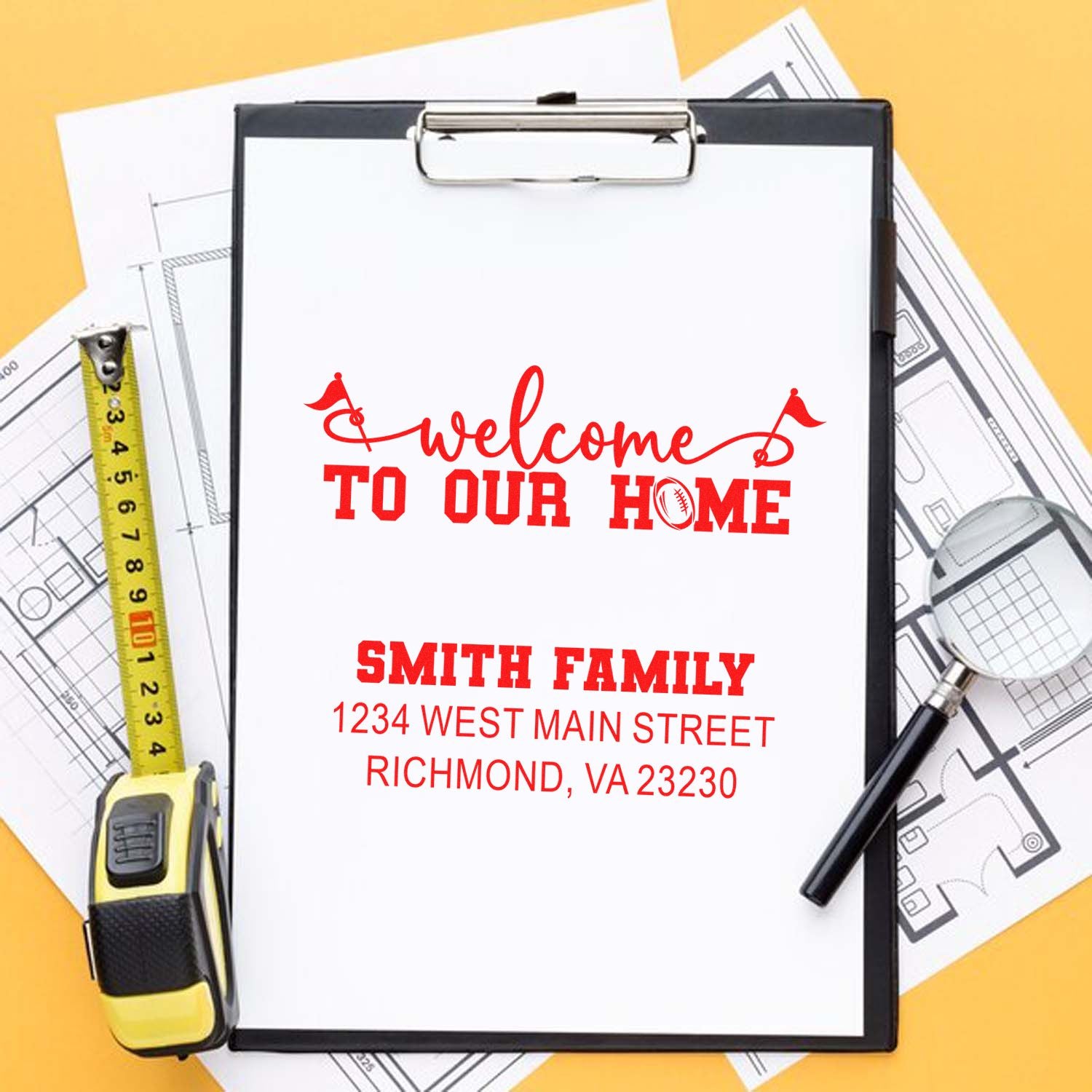 Custom Welcome to Our Home rubber stamp design with Smith family address, ideal for housewarming and real estate closing gifts.
