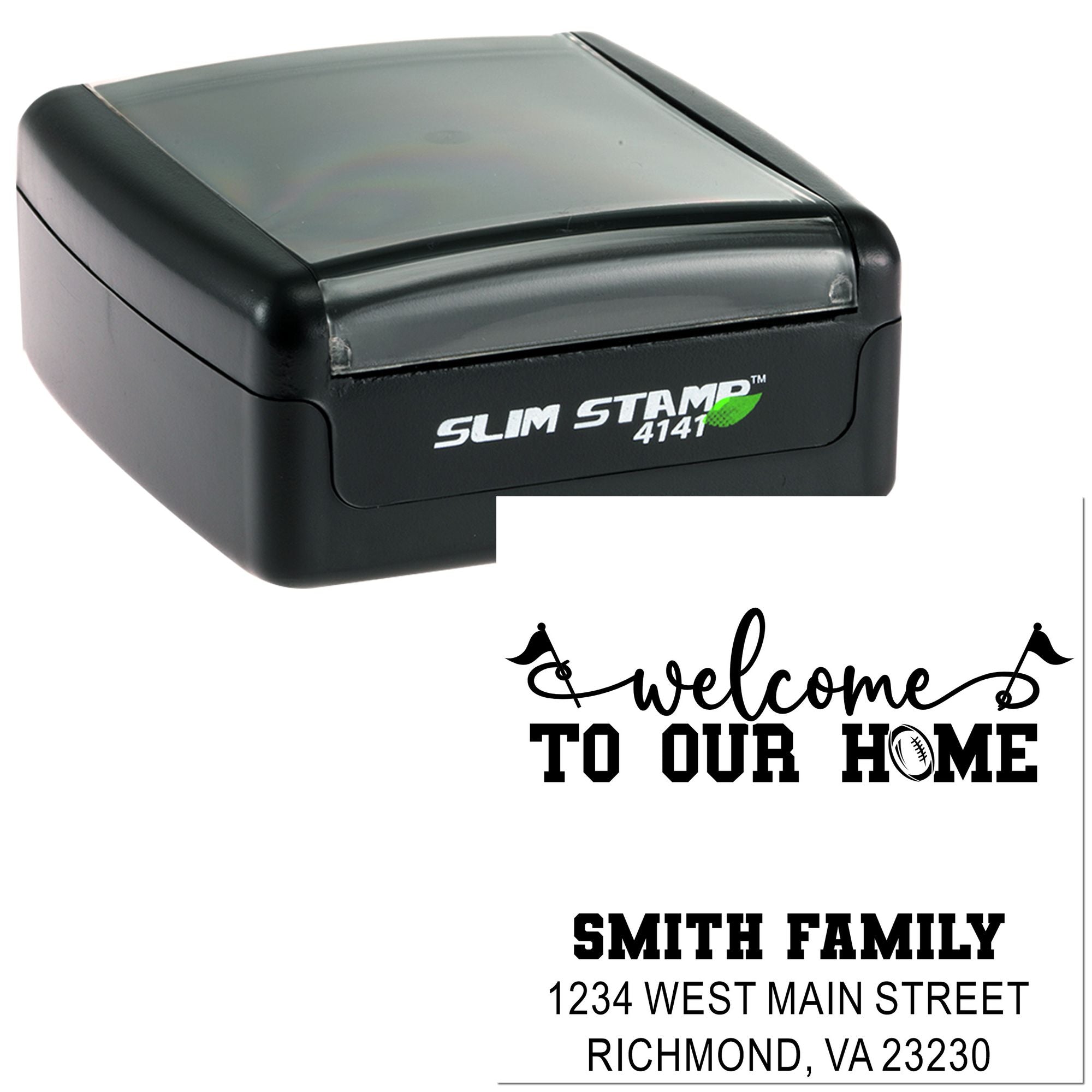 Custom self-inking address rubber stamp with Welcome to Our Home and Smith family address for personalized mail.