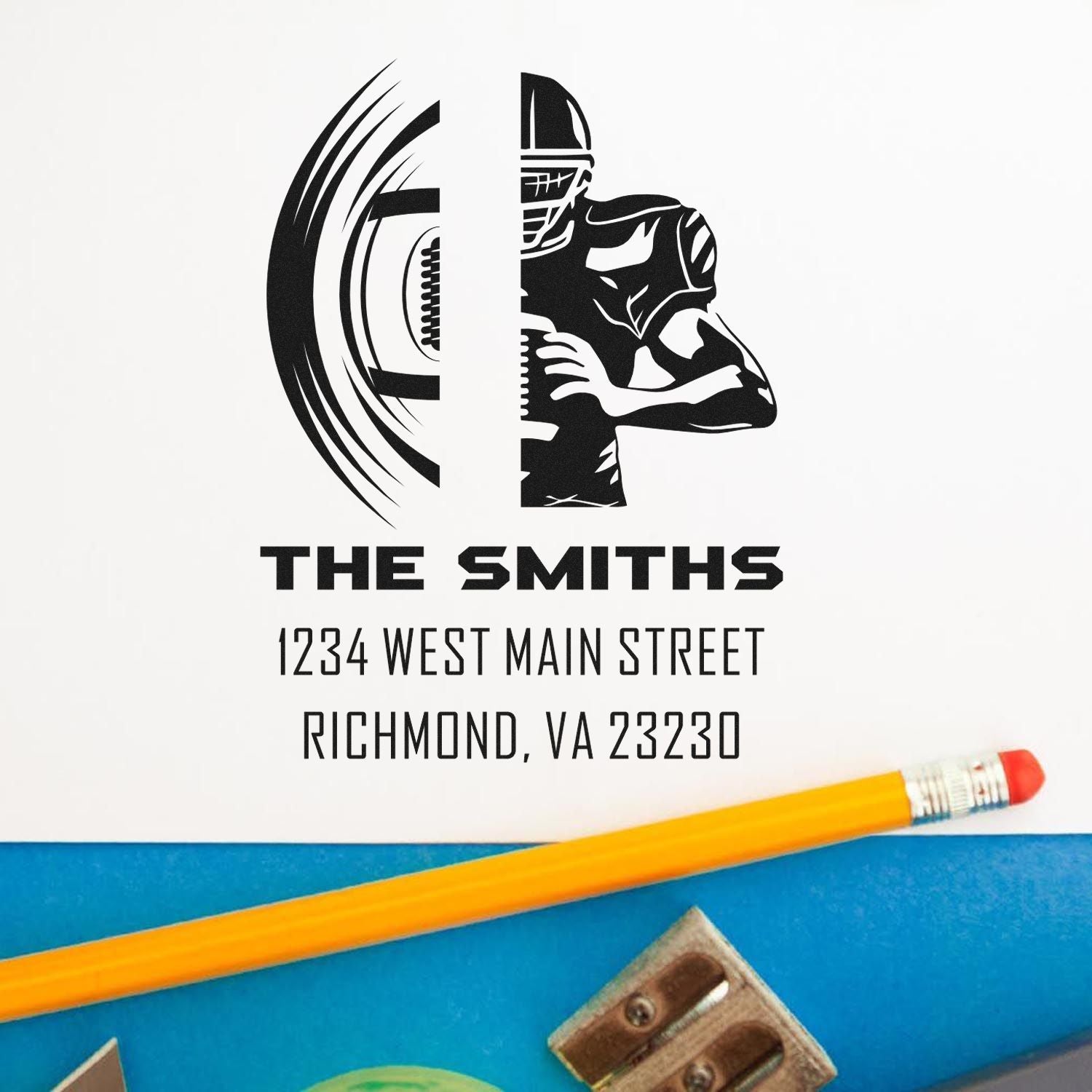 Custom sports return address rubber stamp for The Smiths with football player logo and Richmond, VA address.