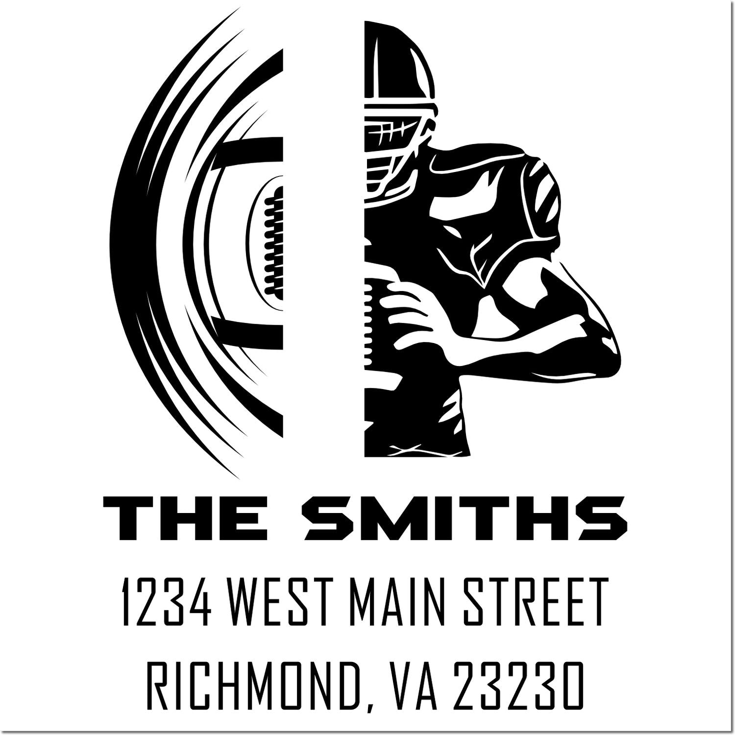 Custom rubber stamp design for The Smiths, featuring football logo and return address: 1234 West Main Street, Richmond, VA 23230.