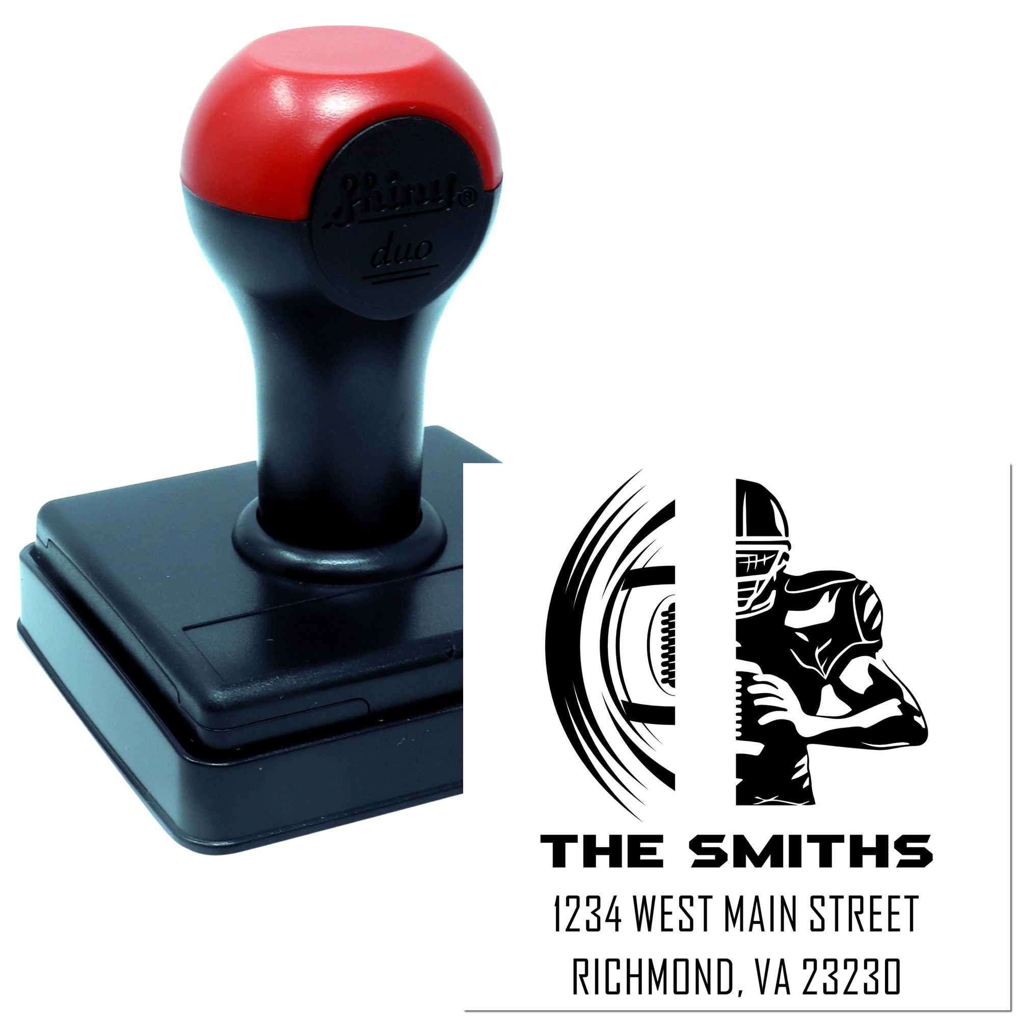 Custom self-inking rubber stamp with logo, name, and address for mailing, branding, and business use.