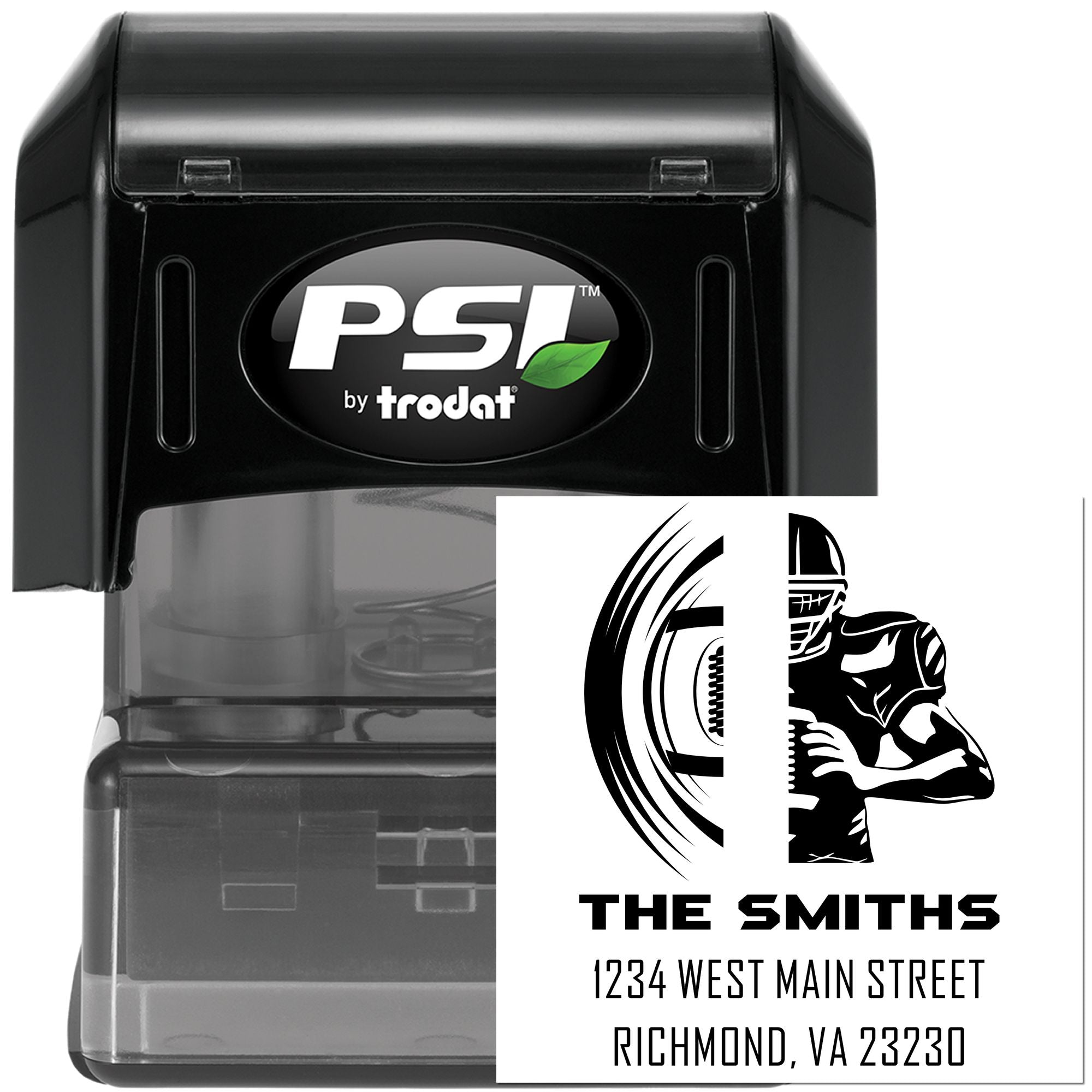 PSI by Trodat self-inking rubber stamp with custom The Smiths return address and logo design
