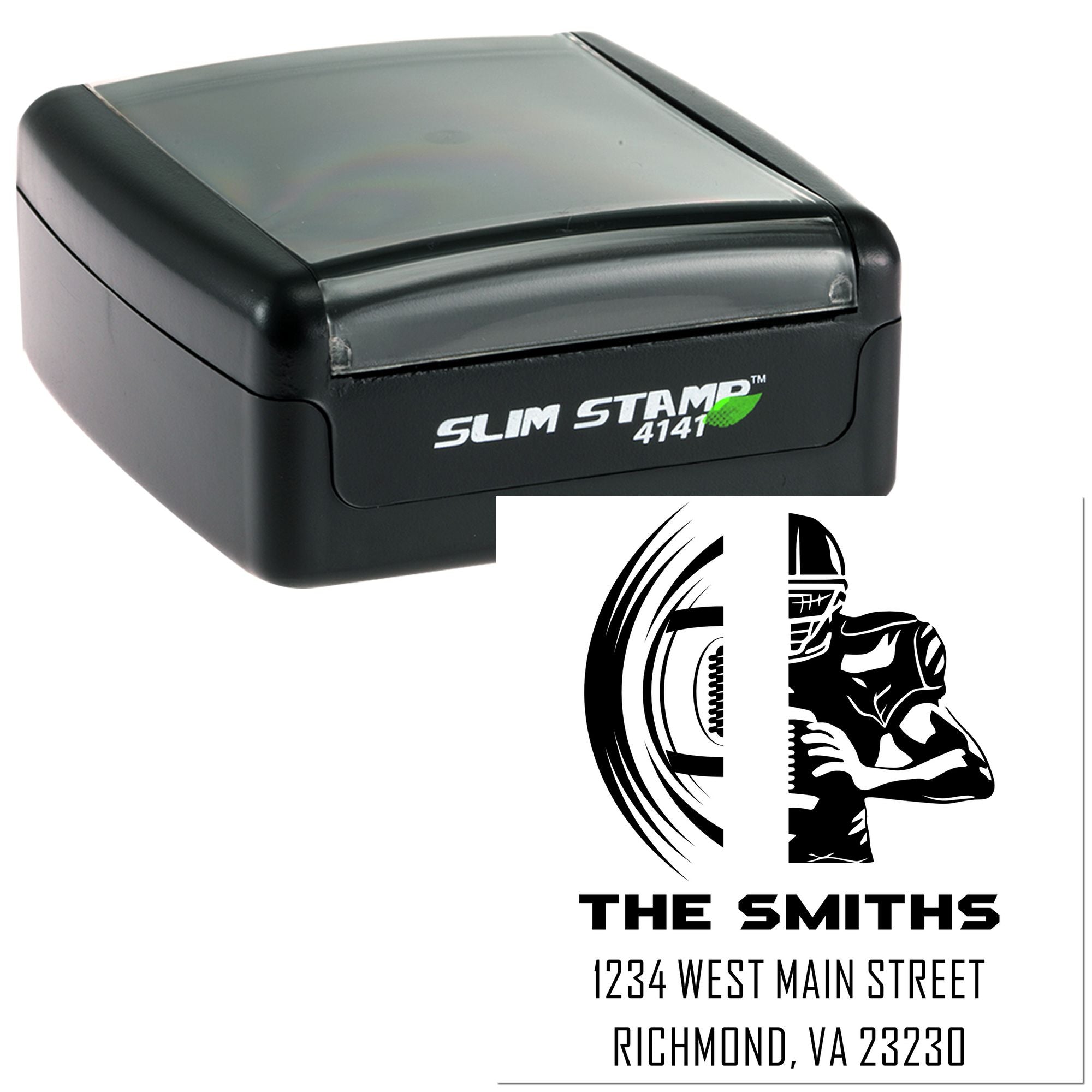 Custom self-inking rubber address stamp with logo for The Smiths, featuring name, street address, and Richmond, VA 23230.