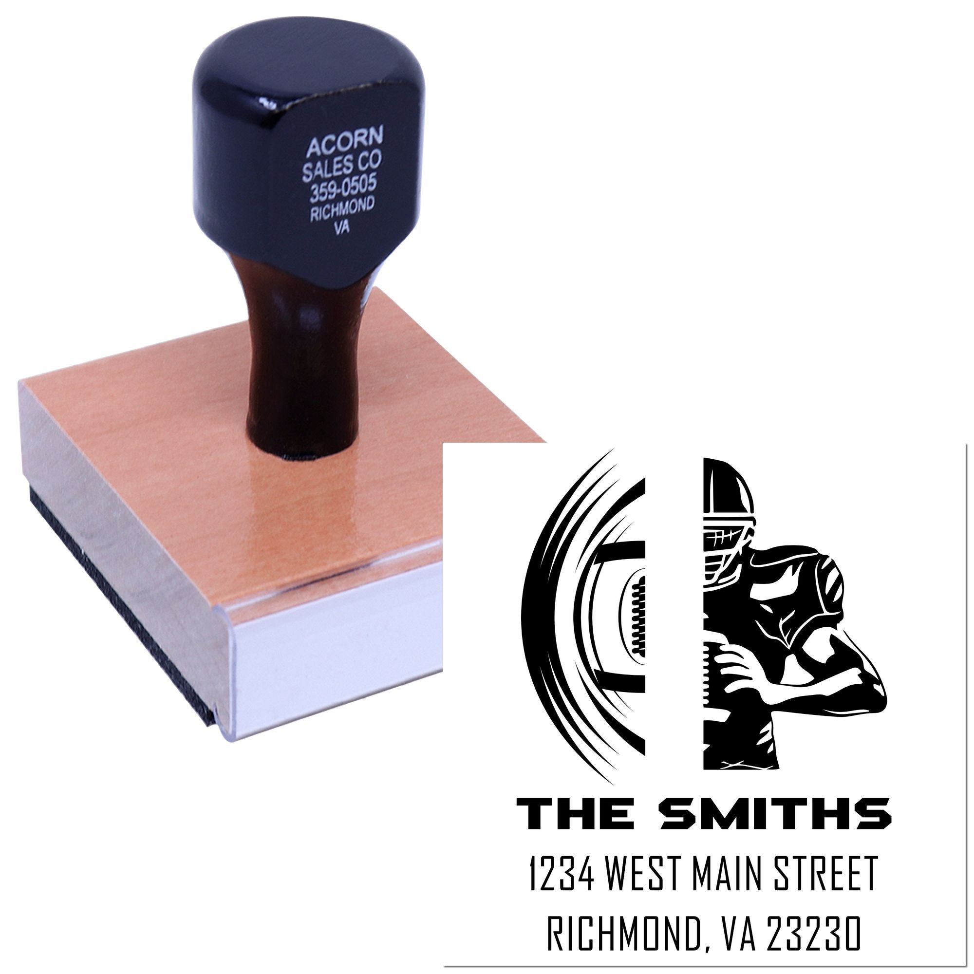 Custom self-inking rubber address stamp with business logo and return address imprint.