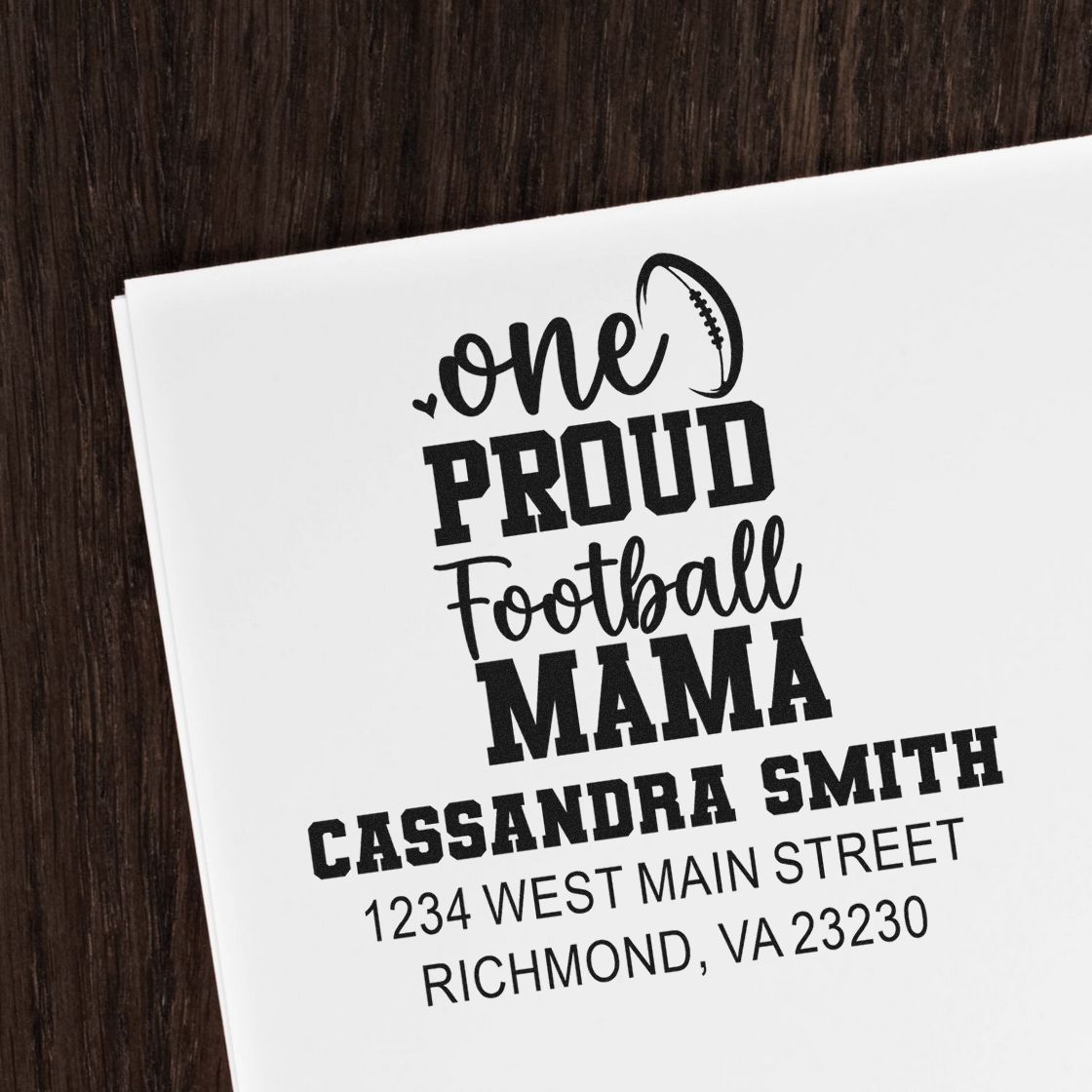 Personalized football mama rubber stamp with name and address, featuring bold custom typography and football icon