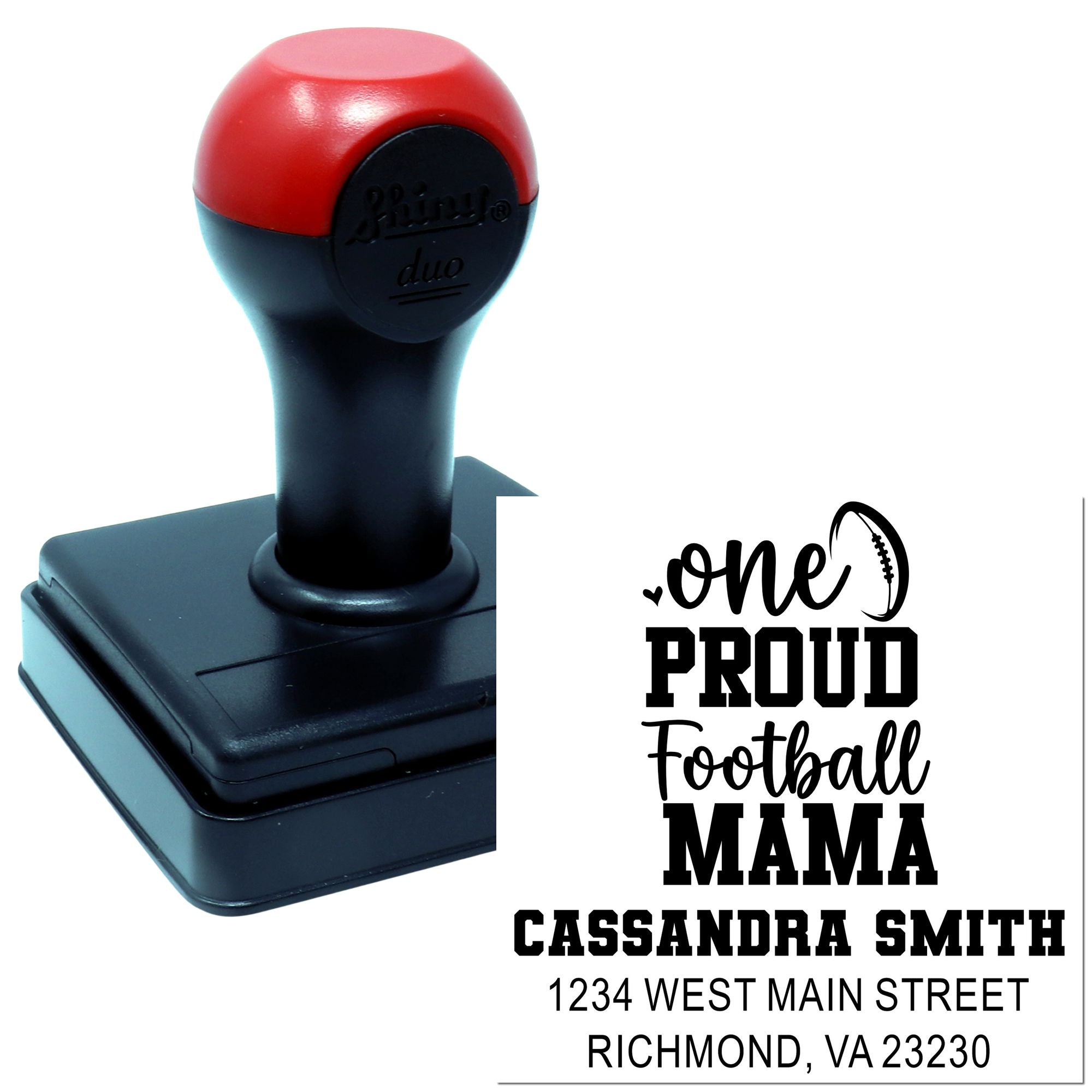 Custom self-inking rubber stamp with football mama return address design, perfect for personalized mail and gifts.