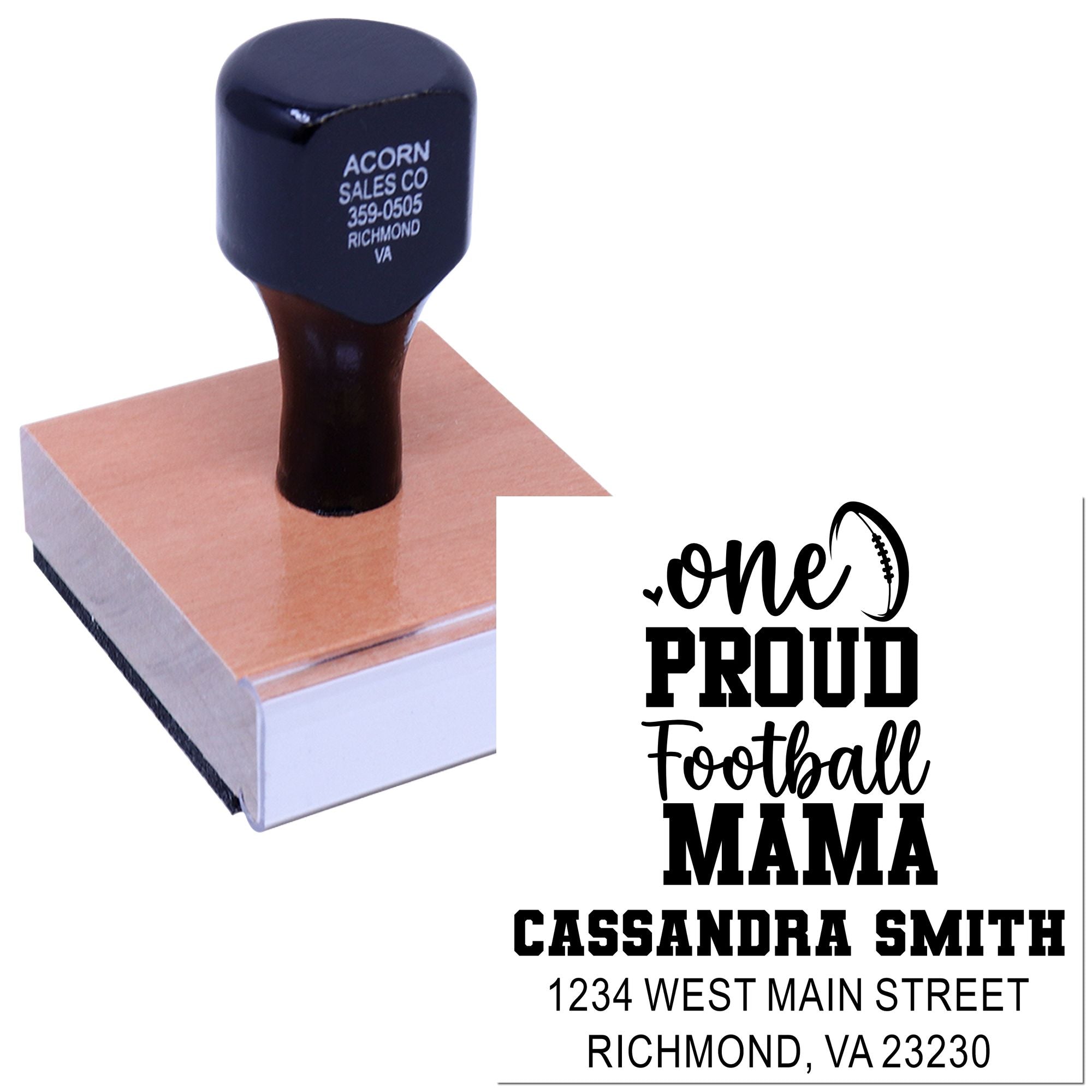 Personalized self-inking rubber stamp with One Proud Football Mama design and custom name, address, and city imprint.