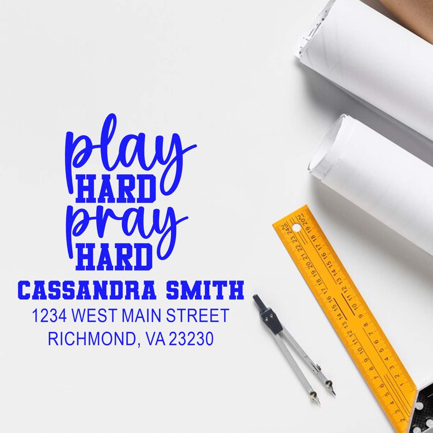 Custom rubber stamp design with Play Hard Pray Hard quote, name, and address for personalized stationery.