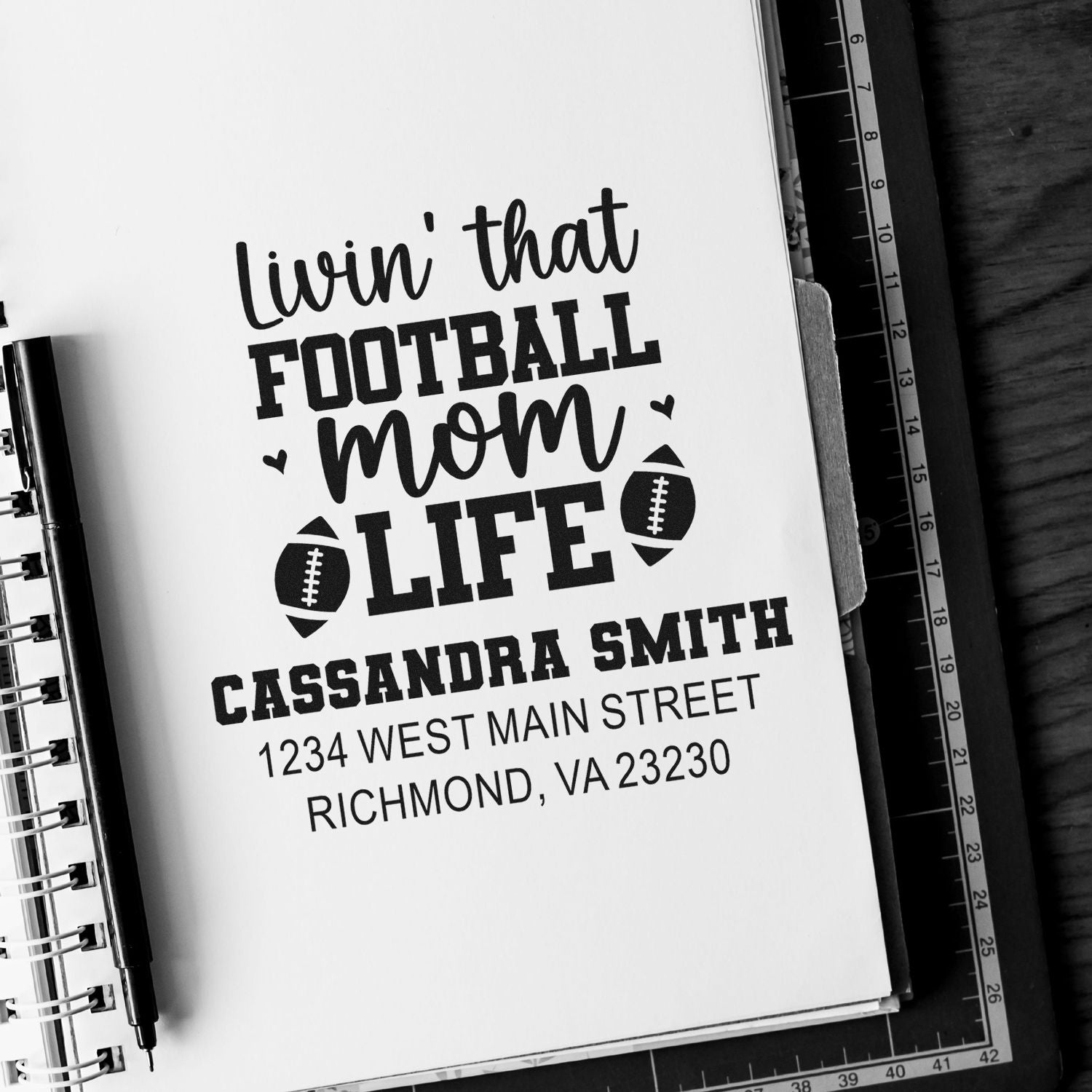 Custom football mom rubber stamp design with name and return address, featuring Livin that Football Mom Life and football icons.