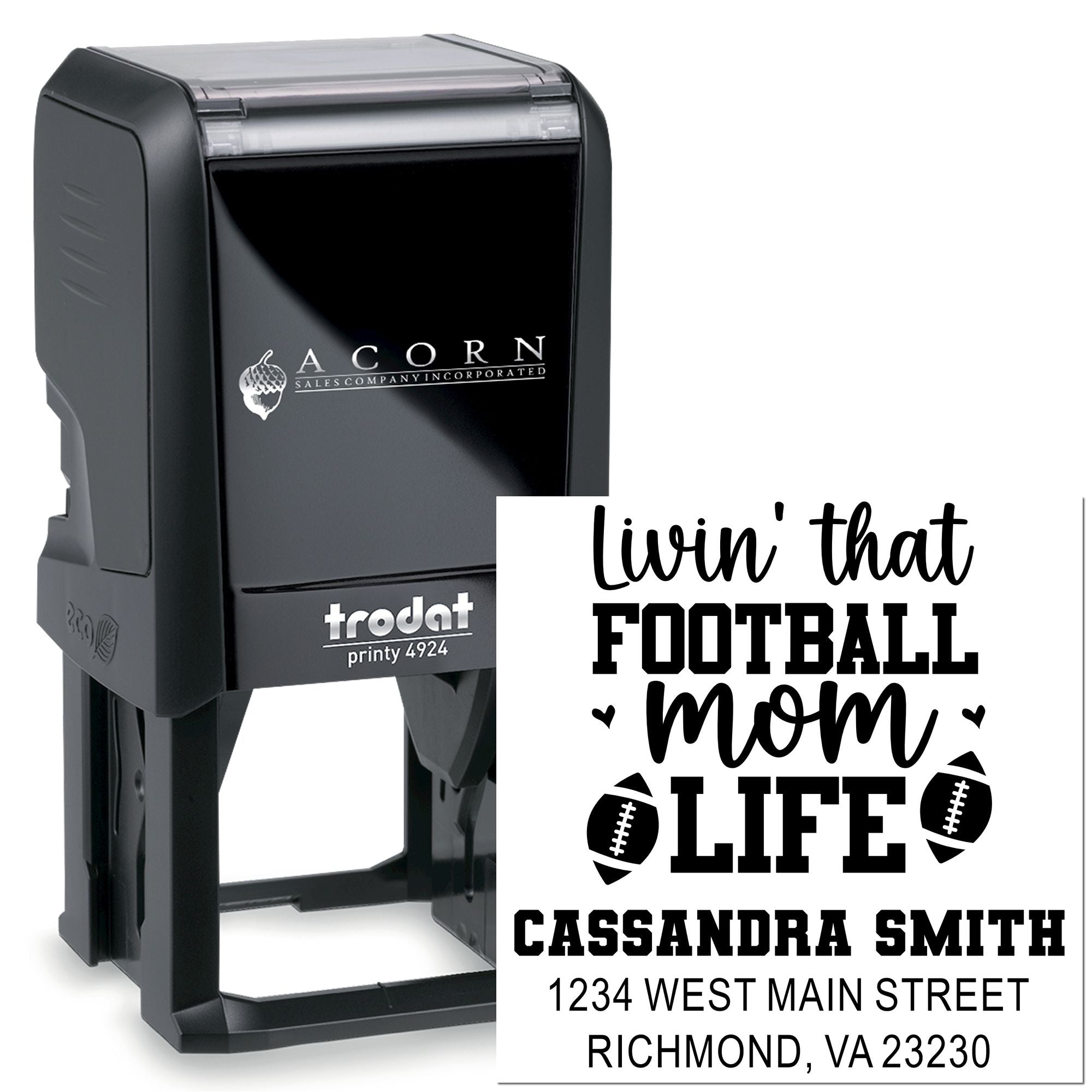 Custom self-inking rubber stamp with football mom design, name, and address for personalized mail and labeling.