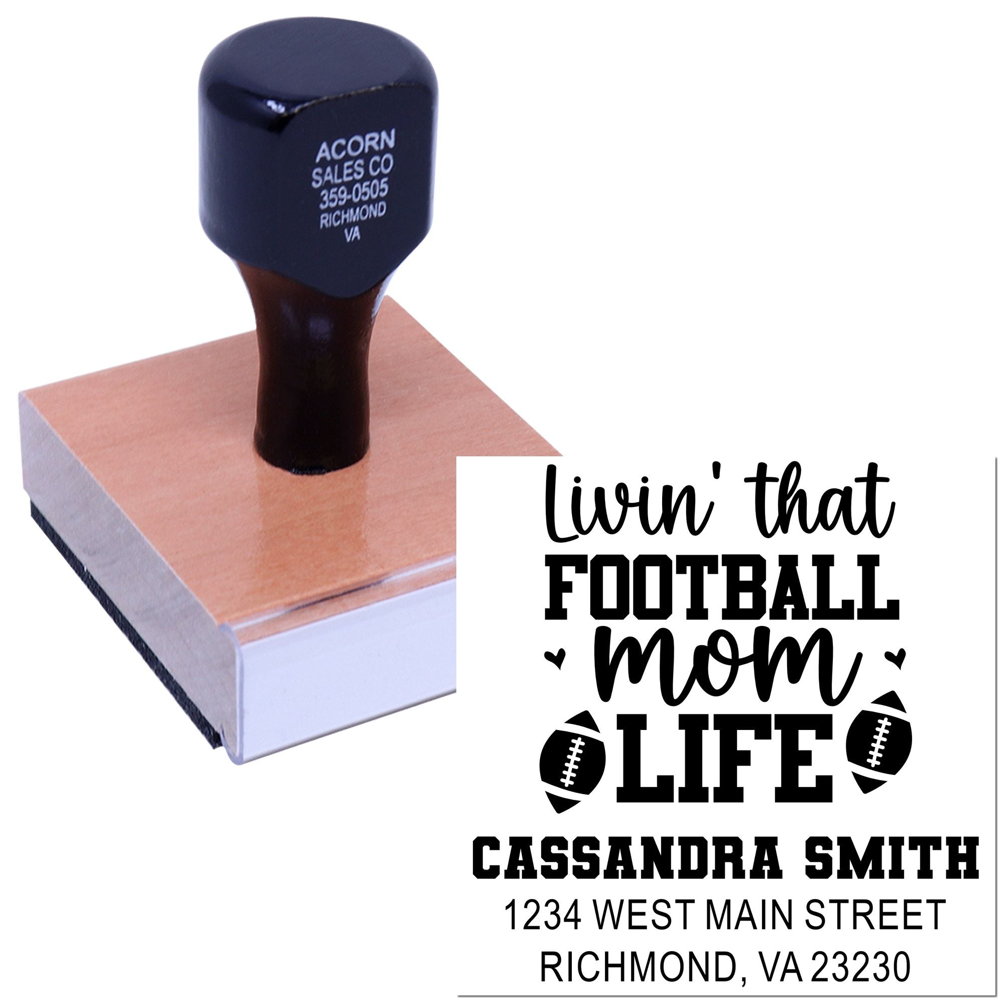 Custom football mom rubber stamp design with name and address, ideal for personalized crafts, stationery, and mailings.