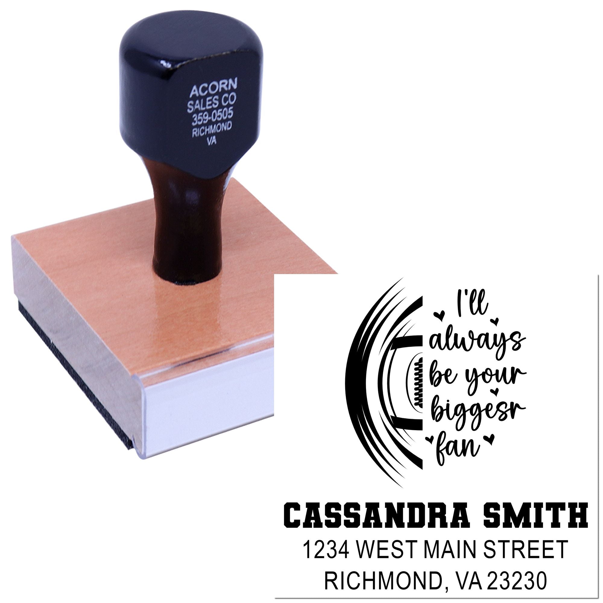 Personalized rubber stamp with inspirational quote, name, and address for custom mailing and branding.