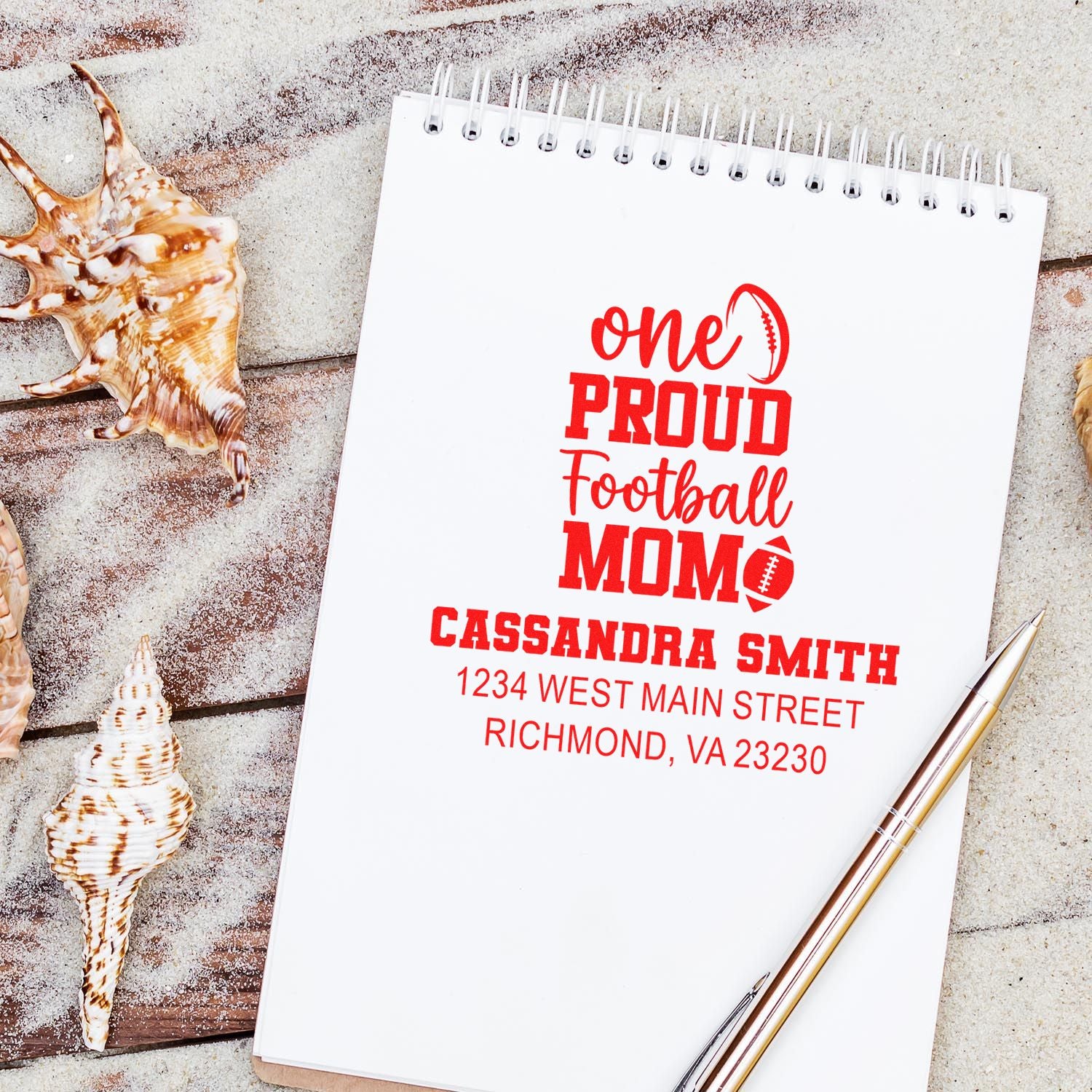 Custom football mom rubber stamp with personalized name and address, featuring One Proud Football Mom design.