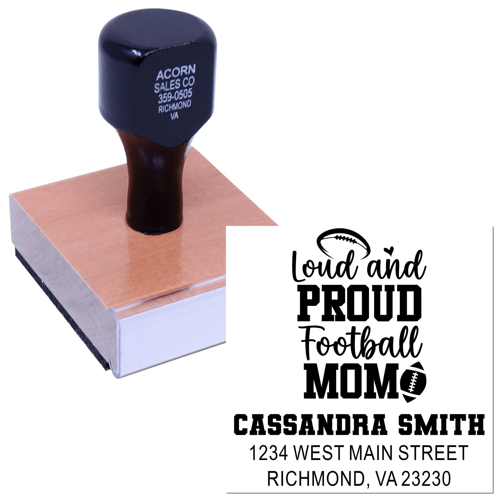 Custom self-inking football mom return address rubber stamp with personalized name and Richmond, VA address.