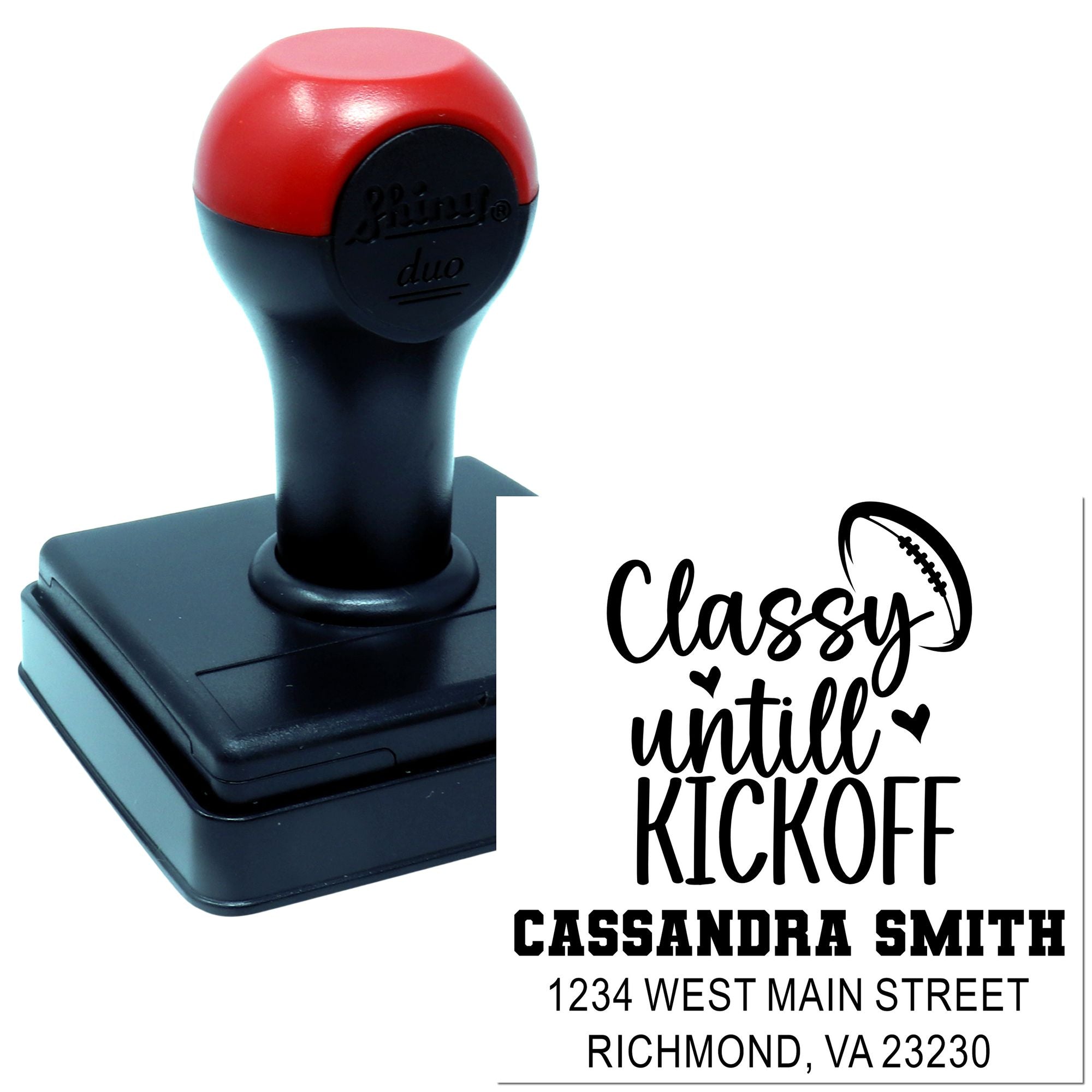 Personalized self-inking rubber stamp with Classy until kickoff design, name, and address for football fans.