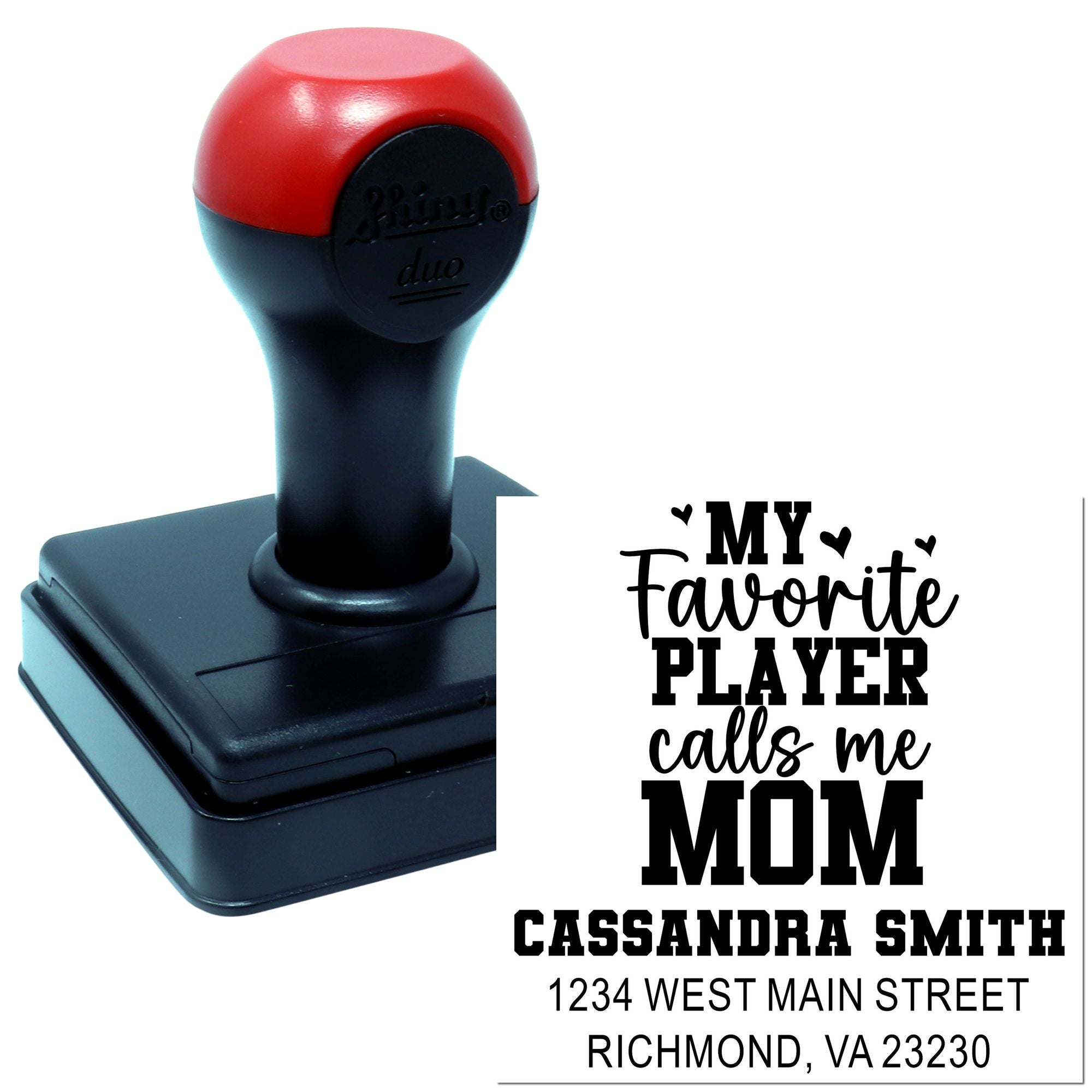 Personalized self-inking rubber stamp with My favorite player calls me mom design and custom name and address.