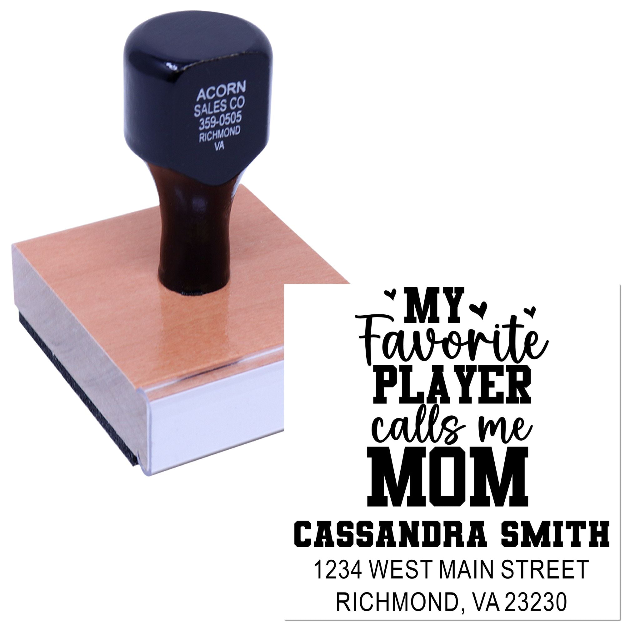 Custom rubber stamp for sports moms featuring My favorite player calls me Mom with personalized name and address.