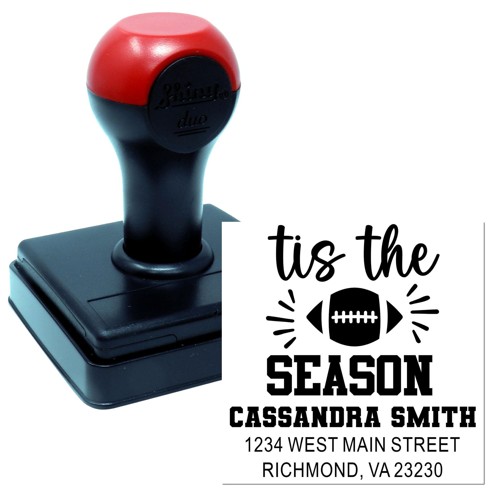 Custom self-inking football rubber stamp with tis the season design and personalized name and address.