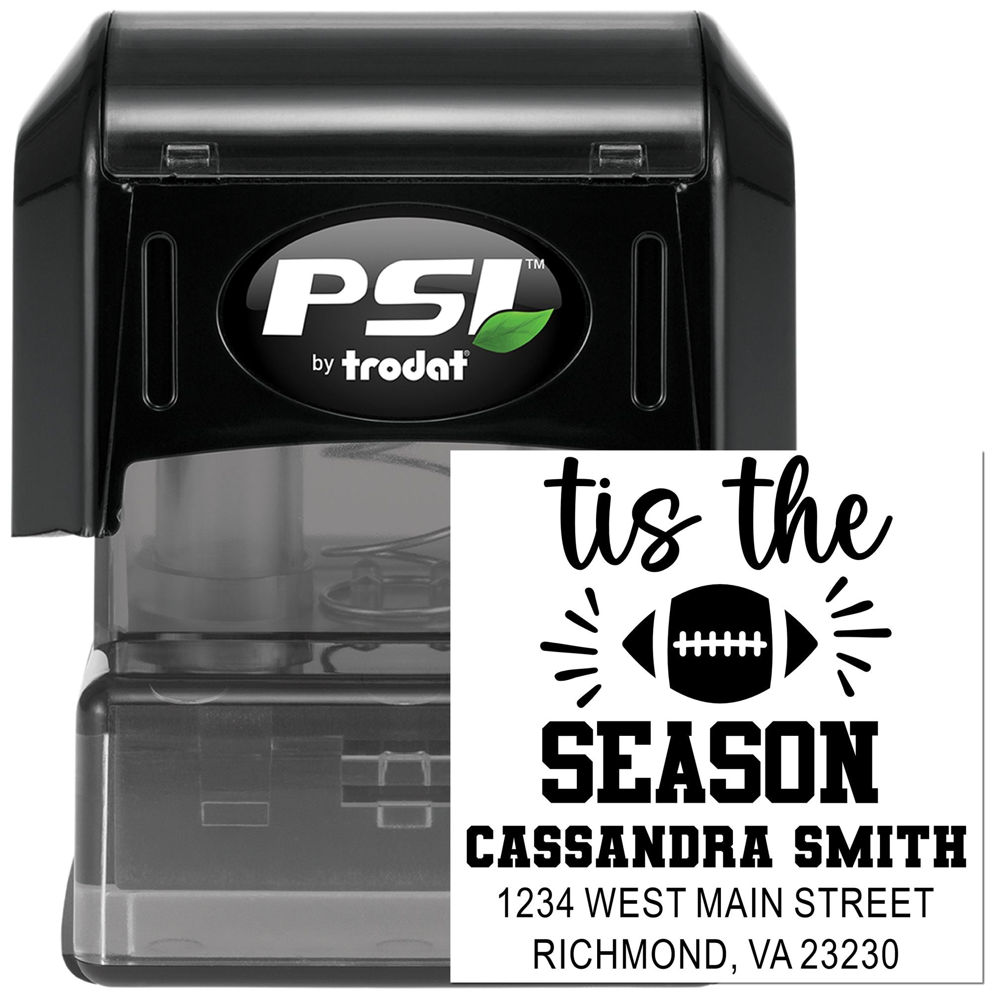 Custom self-inking rubber stamp with football season return address design for personalized mailing labels.