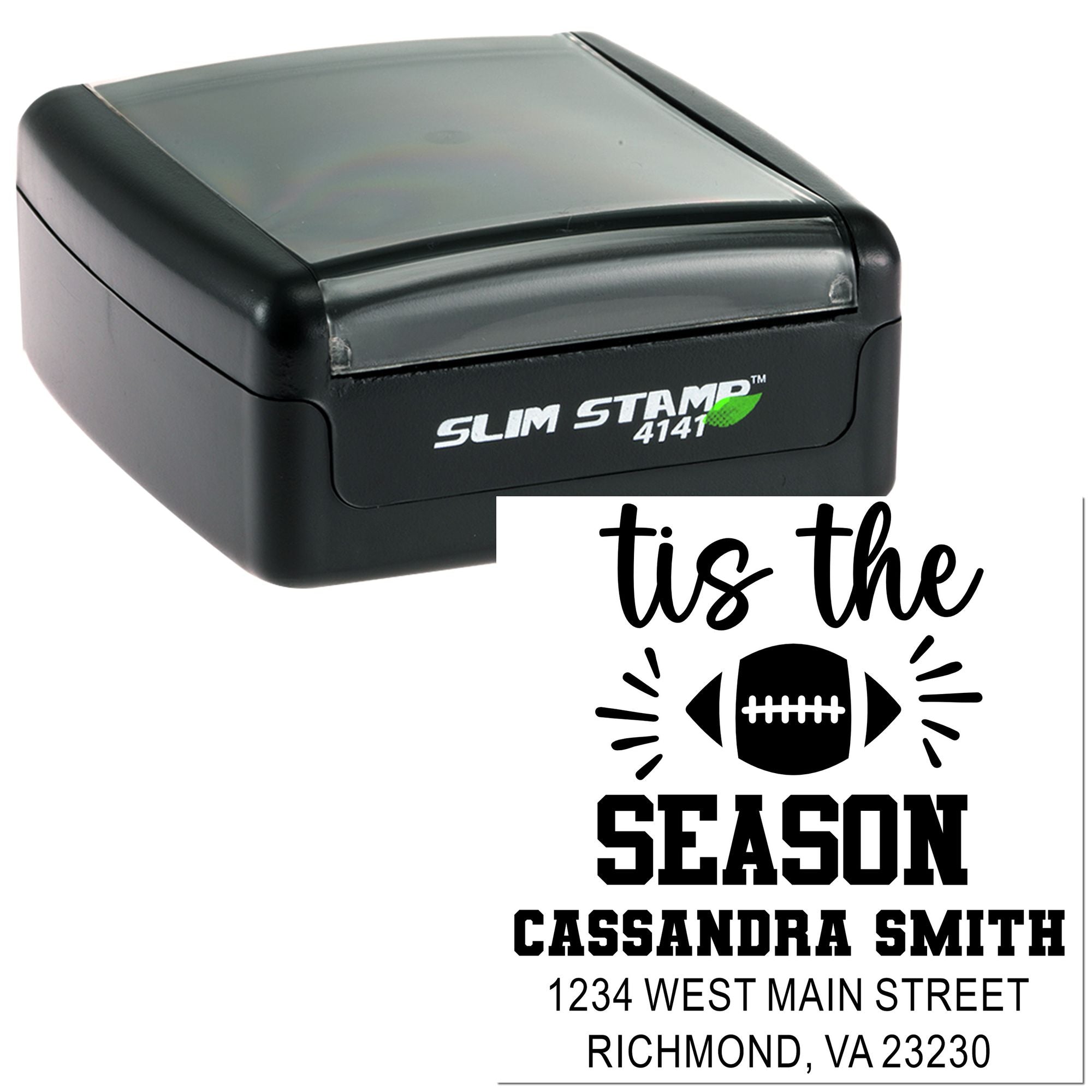 Slim Stamp self-inking rubber stamp with football season return address design for personalized holiday mailings