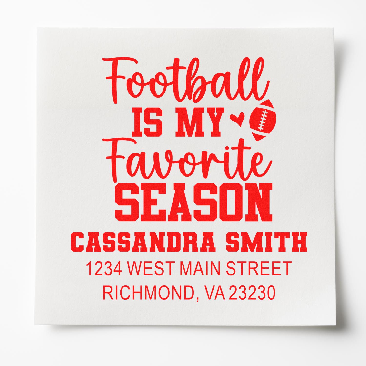 Personalized football address stamp with Football is my favorite season for Cassandra Smith, Richmond, VA.