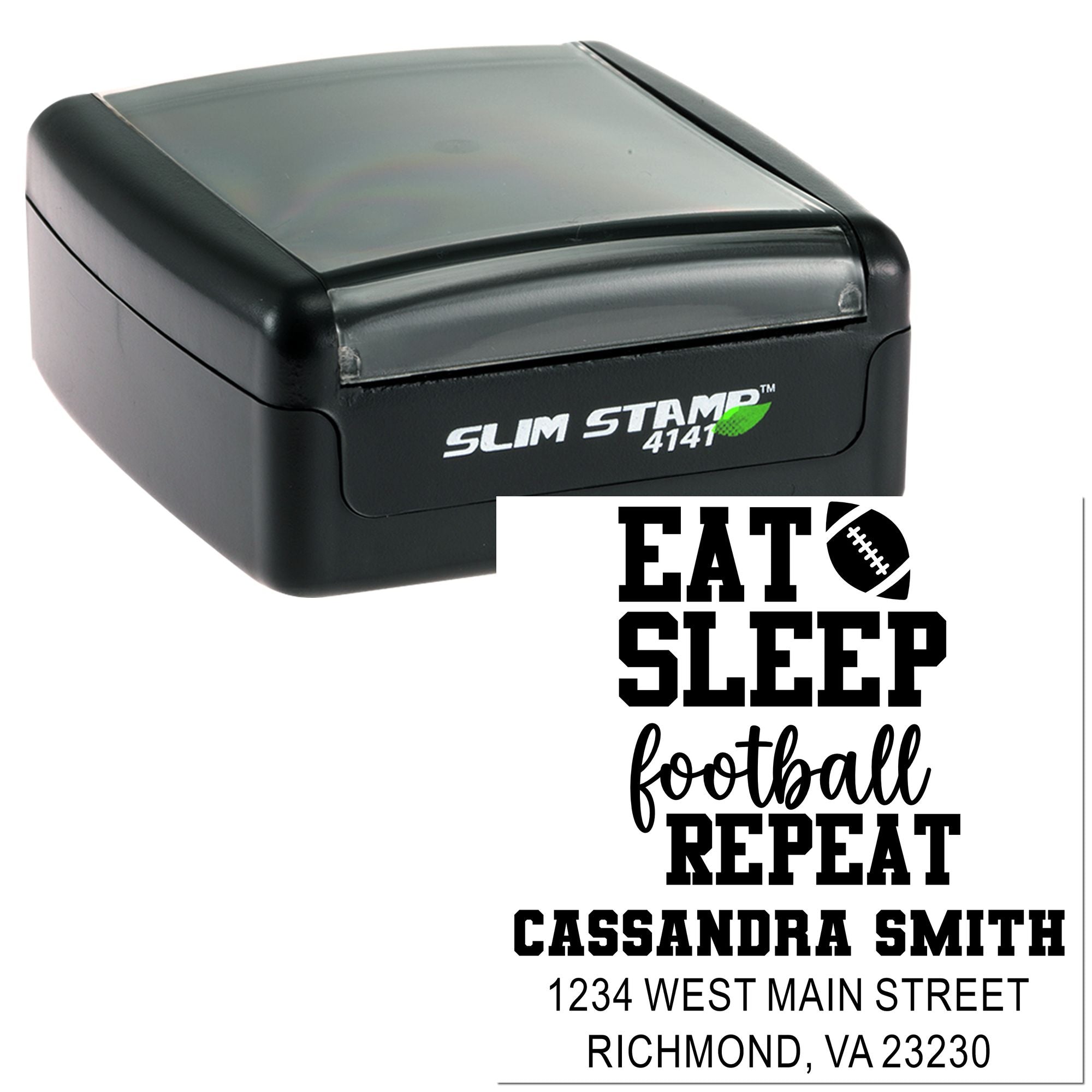 Custom self-inking football rubber stamp with name and address, featuring Eat Sleep Football Repeat design.