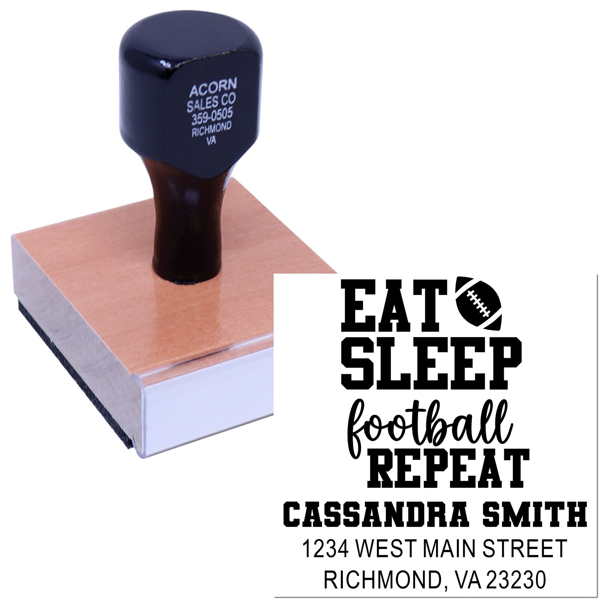 Personalized rubber stamp with Eat Sleep Football Repeat design, name, and address for football-themed crafts and packaging.