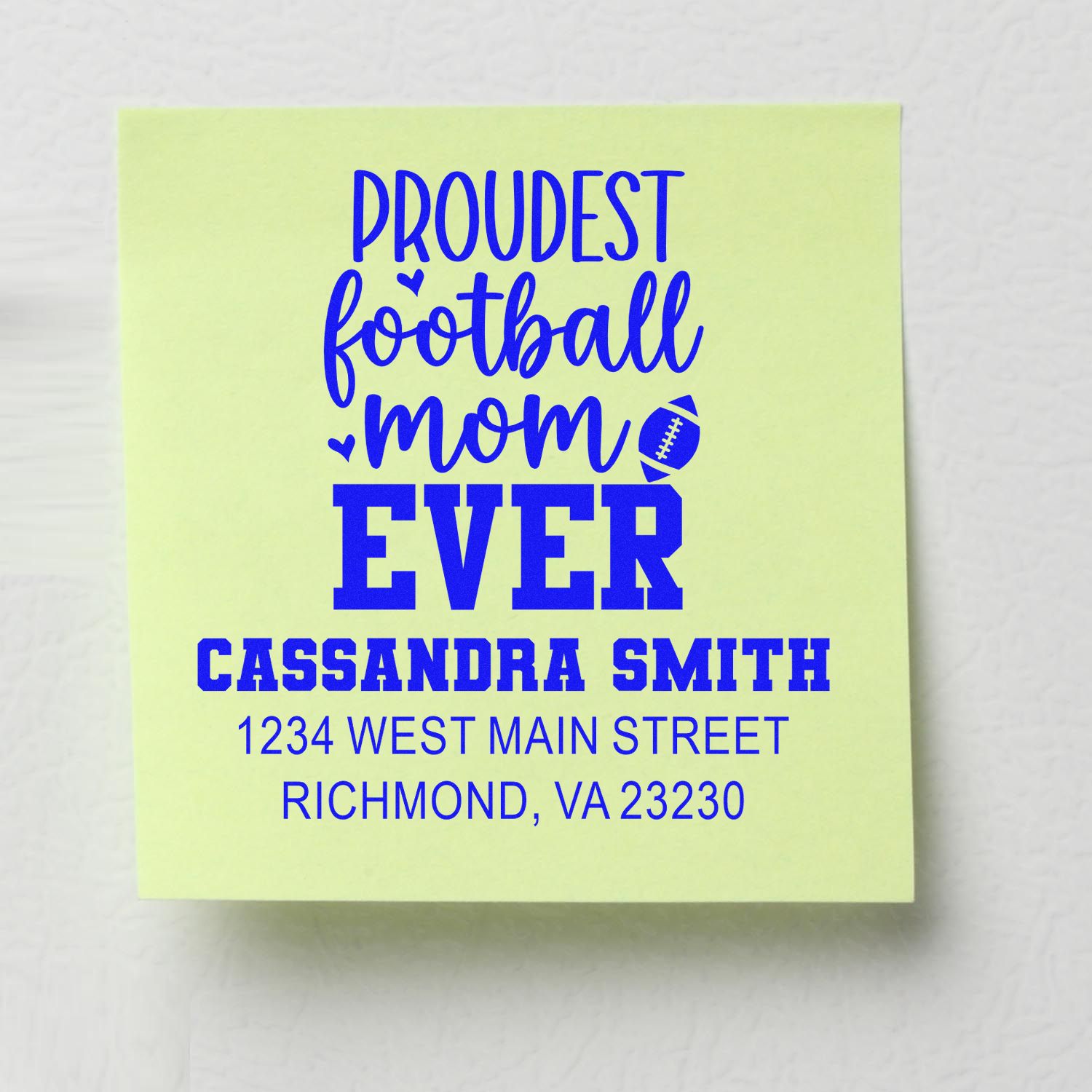 Personalized football mom rubber stamp design for Cassandra Smith, featuring custom name and Richmond, VA address.