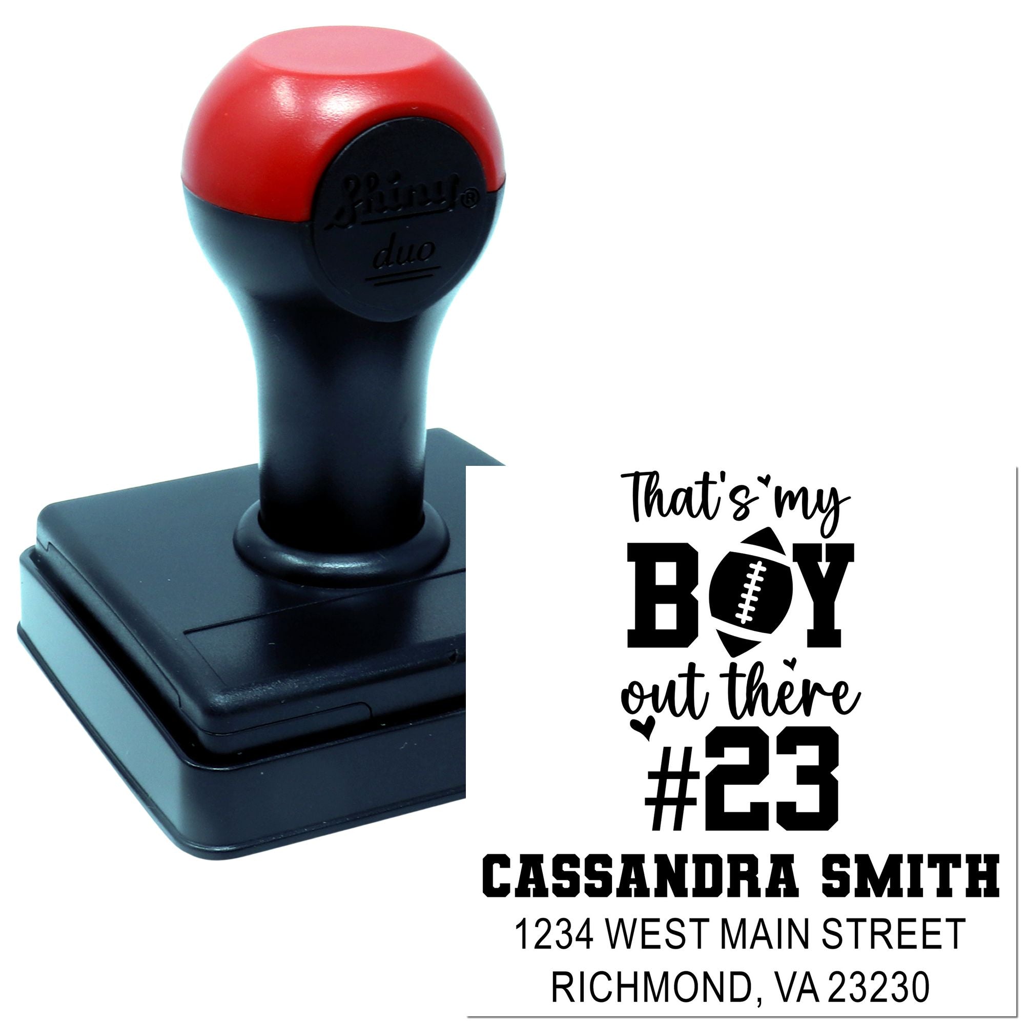Custom self-inking rubber stamp with football boy design, name, and address for personalized sports mailings.