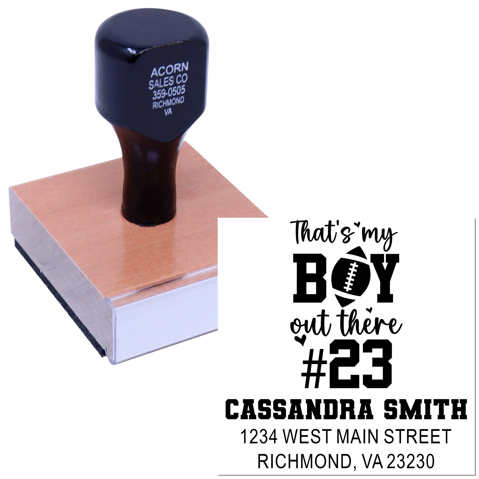 Personalized football rubber stamp for baby announcements or address labels, featuring Thats my boy out there #23 design.