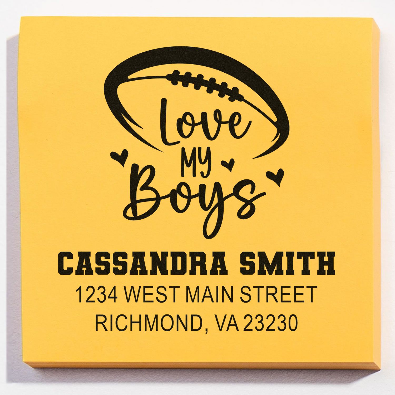 Custom return address rubber stamp with football design and Love My Boys for Cassandra Smith, Richmond, VA.